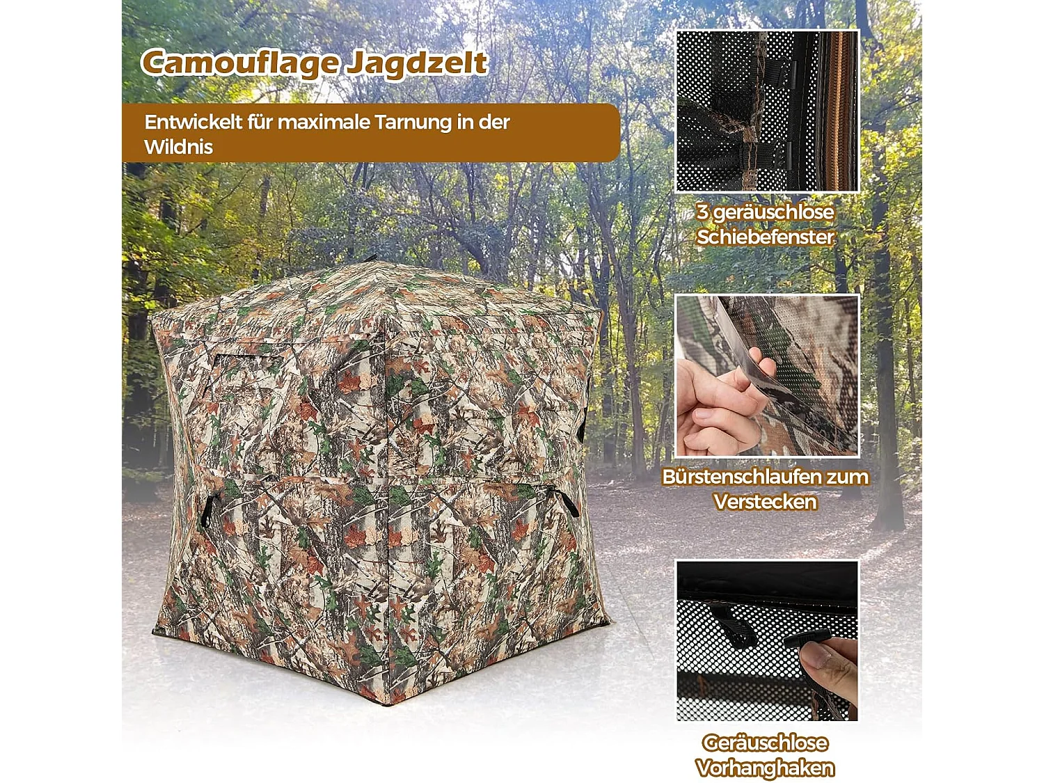 Jachtverstopplaats voor 2-3 personen, 360° doorzichtige jachttent voor de jacht op herten en wilde zwijnen, opklapbare camouflagetent