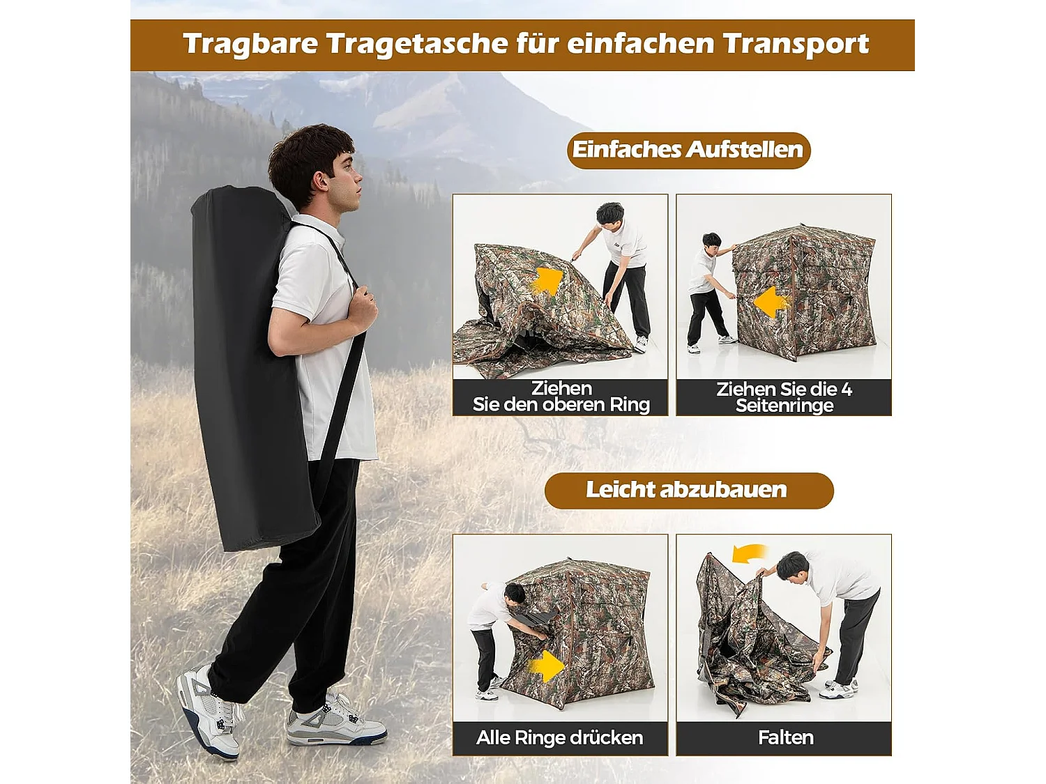 Jachtverstopplaats voor 2-3 personen, 360° doorzichtige jachttent voor de jacht op herten en wilde zwijnen, opklapbare camouflagetent