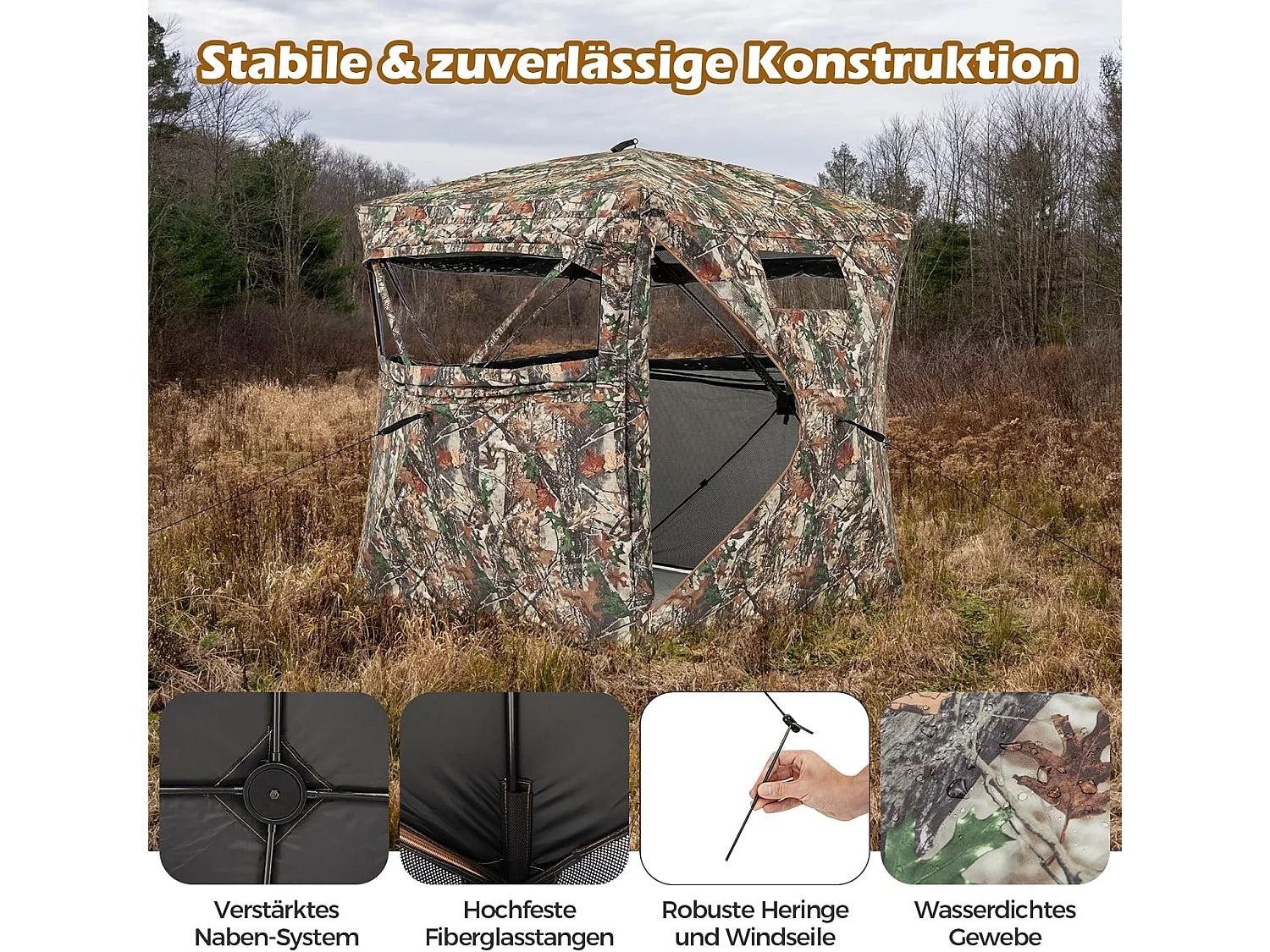 Jachtverstopplaats voor 2-3 personen, 360° doorzichtige jachttent voor de jacht op herten en wilde zwijnen, opklapbare camouflagetent