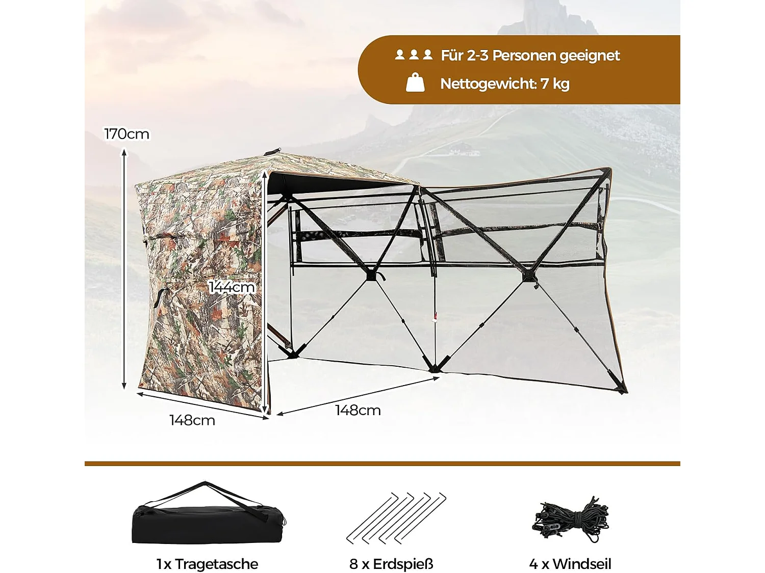 Jachtverstopplaats voor 2-3 personen, 360° doorzichtige jachttent voor de jacht op herten en wilde zwijnen, opklapbare camouflagetent