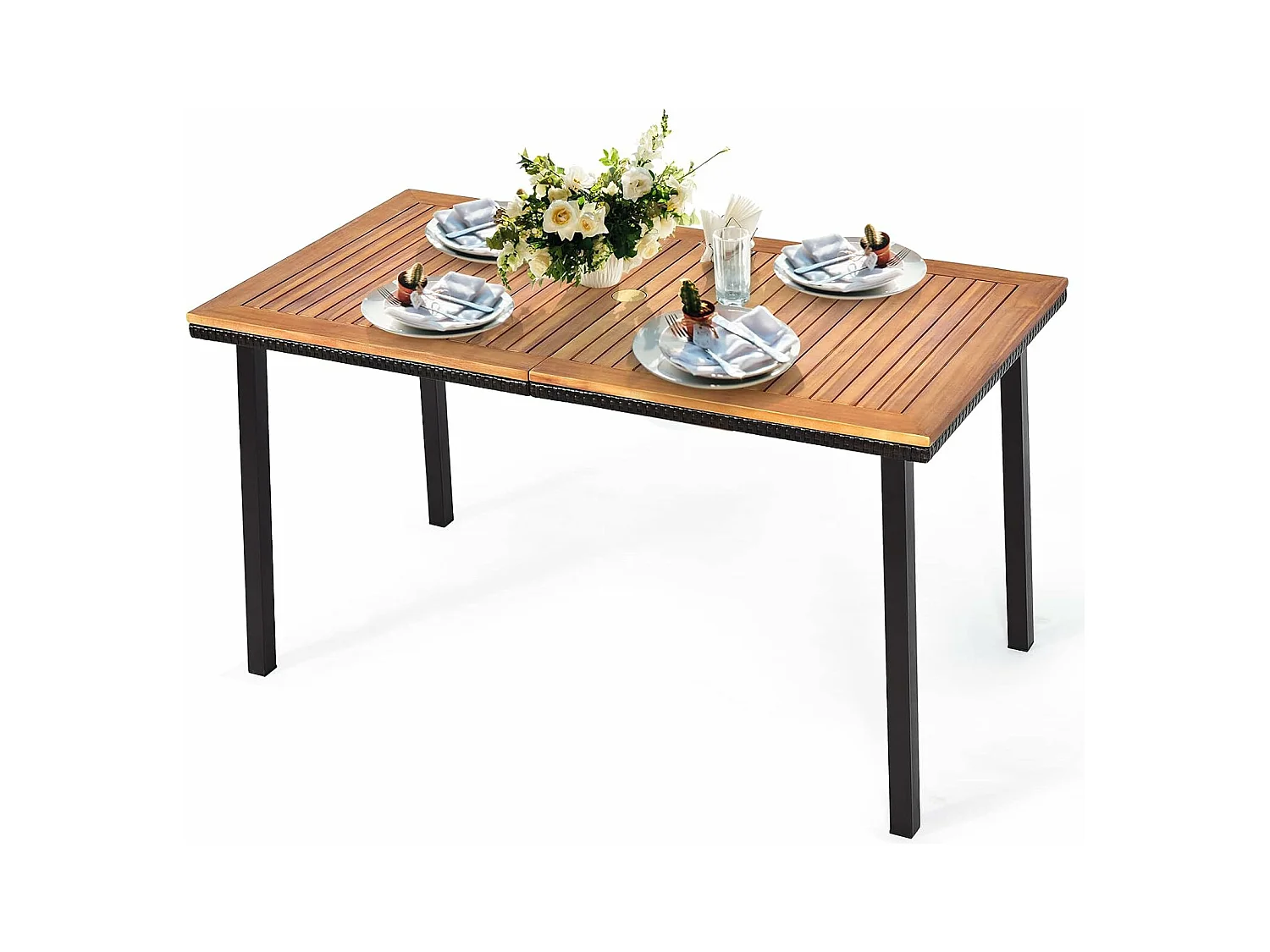 Tuintafel met paraplugat, eettafel voor 6-8 personen, terrastafel met tafelblad van acaciahout, rechthoekige houten tafel, 140 x 75 x 76 cm