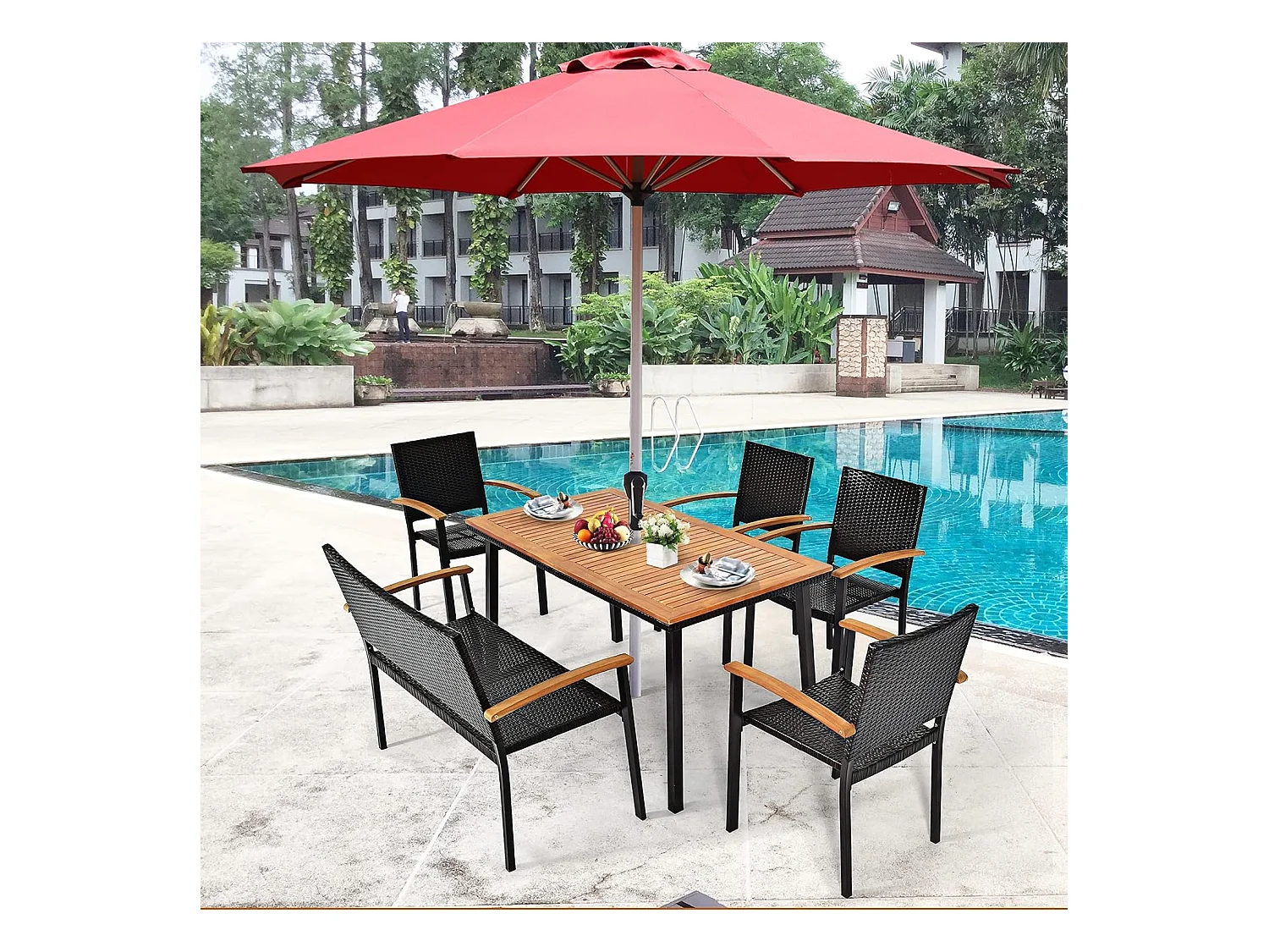 Tuintafel met paraplugat, eettafel voor 6-8 personen, terrastafel met tafelblad van acaciahout, rechthoekige houten tafel, 140 x 75 x 76 cm