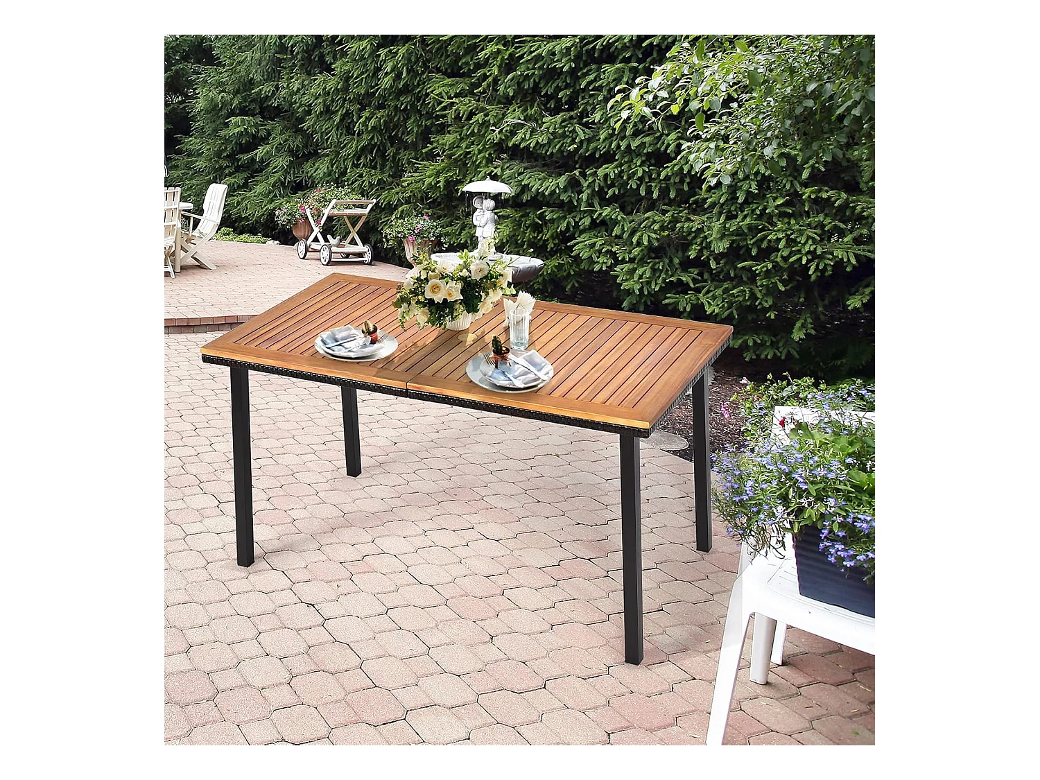 Tuintafel met paraplugat, eettafel voor 6-8 personen, terrastafel met tafelblad van acaciahout, rechthoekige houten tafel, 140 x 75 x 76 cm