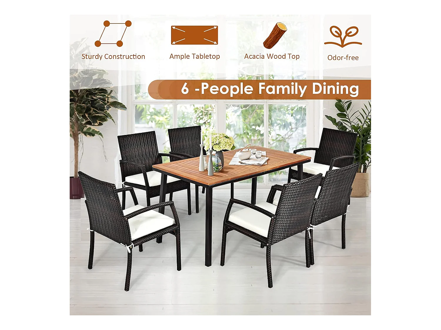 Tuintafel met paraplugat, eettafel voor 6-8 personen, terrastafel met tafelblad van acaciahout, rechthoekige houten tafel, 140 x 75 x 76 cm