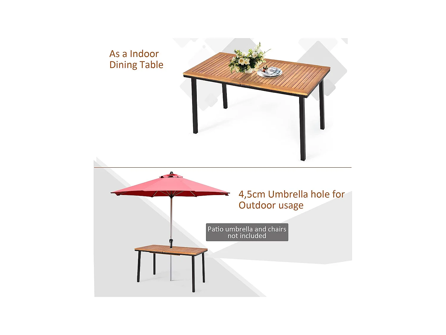 Tuintafel met paraplugat, eettafel voor 6-8 personen, terrastafel met tafelblad van acaciahout, rechthoekige houten tafel, 140 x 75 x 76 cm