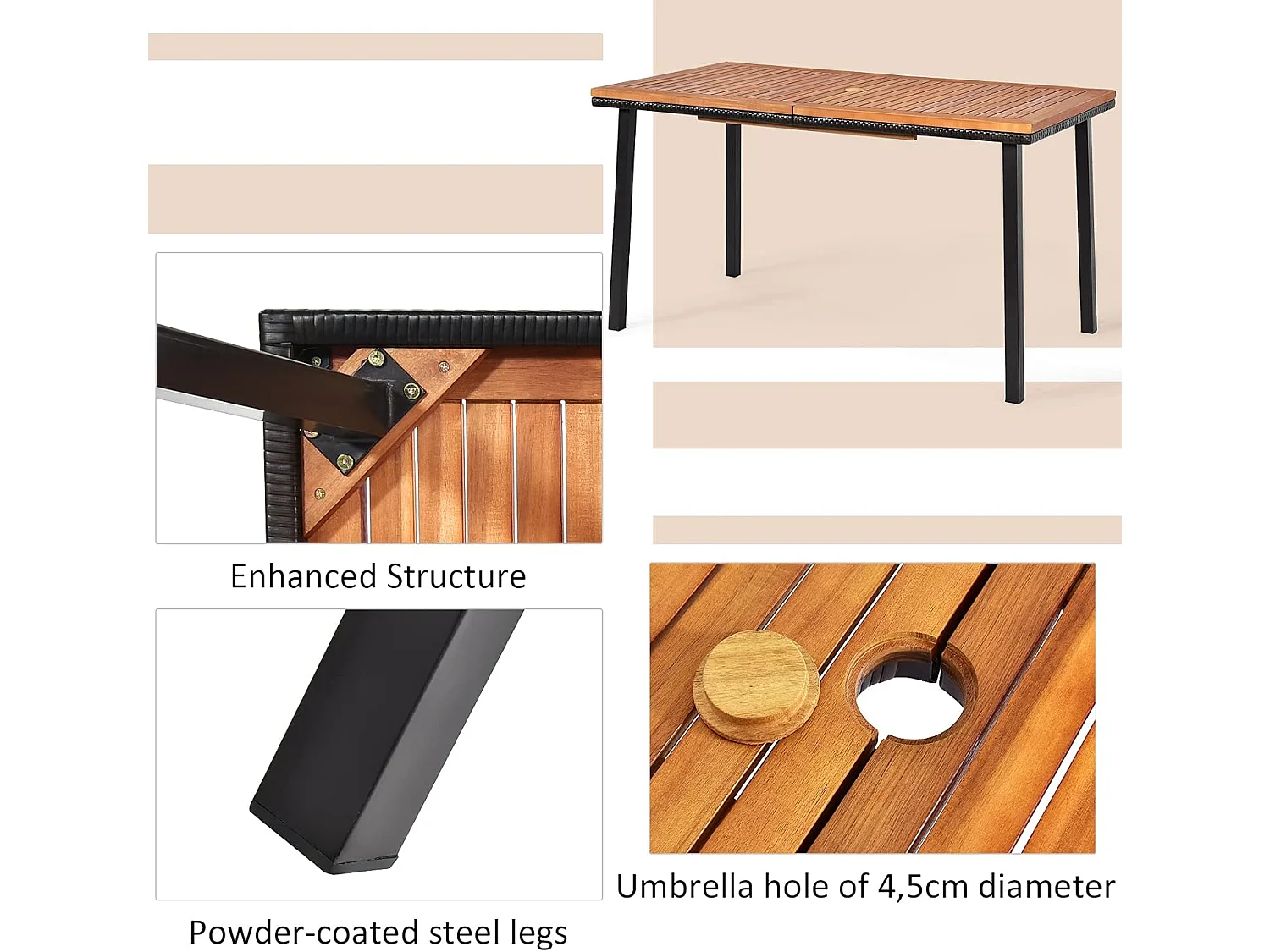 Tuintafel met paraplugat, eettafel voor 6-8 personen, terrastafel met tafelblad van acaciahout, rechthoekige houten tafel, 140 x 75 x 76 cm