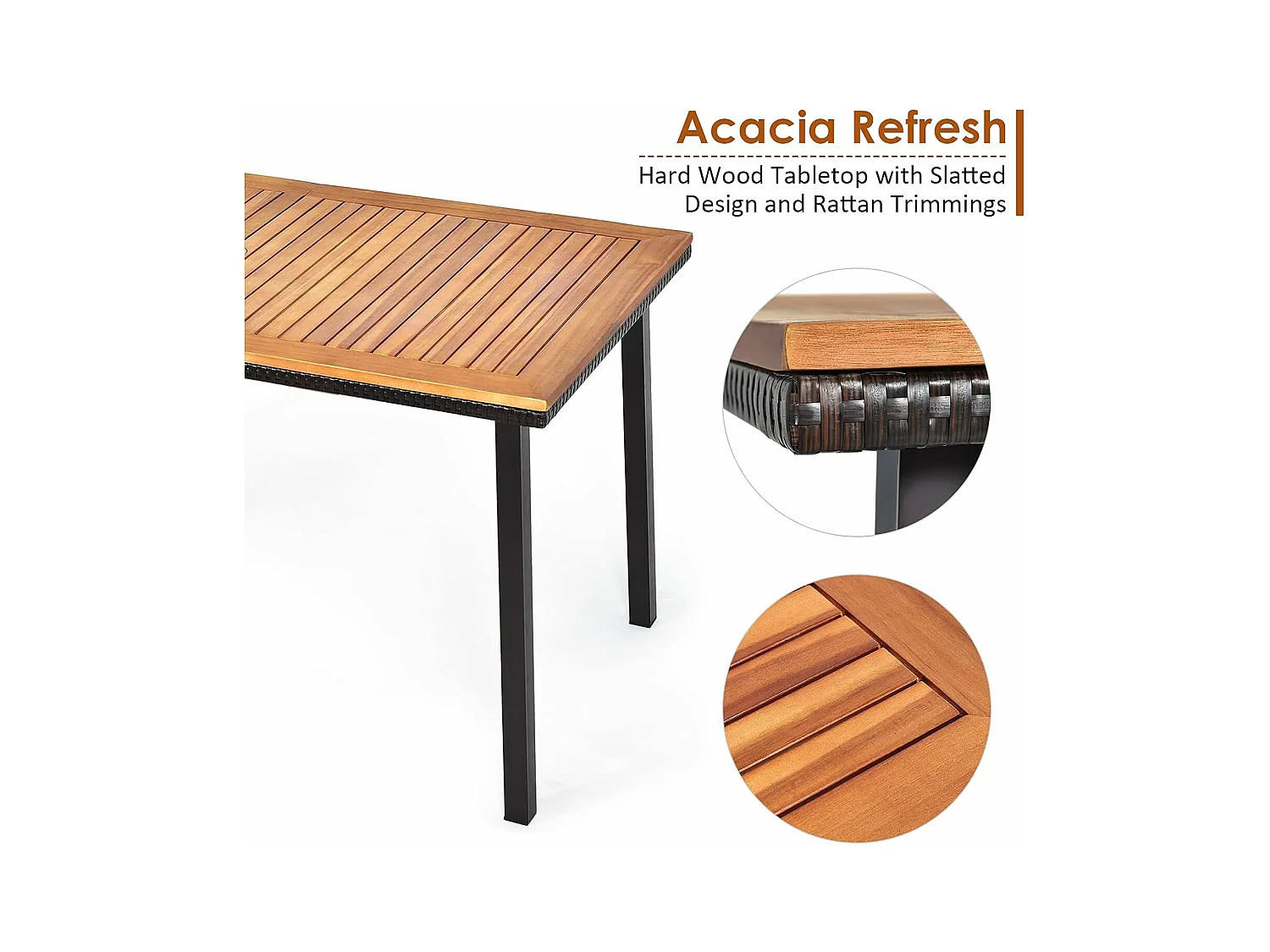 Tuintafel met paraplugat, eettafel voor 6-8 personen, terrastafel met tafelblad van acaciahout, rechthoekige houten tafel, 140 x 75 x 76 cm