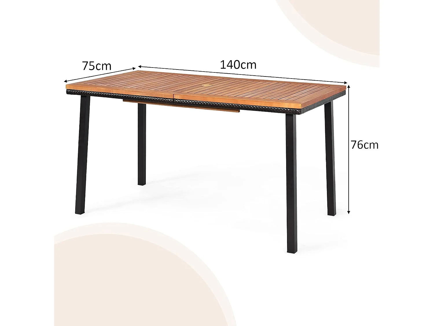 Tuintafel met paraplugat, eettafel voor 6-8 personen, terrastafel met tafelblad van acaciahout, rechthoekige houten tafel, 140 x 75 x 76 cm