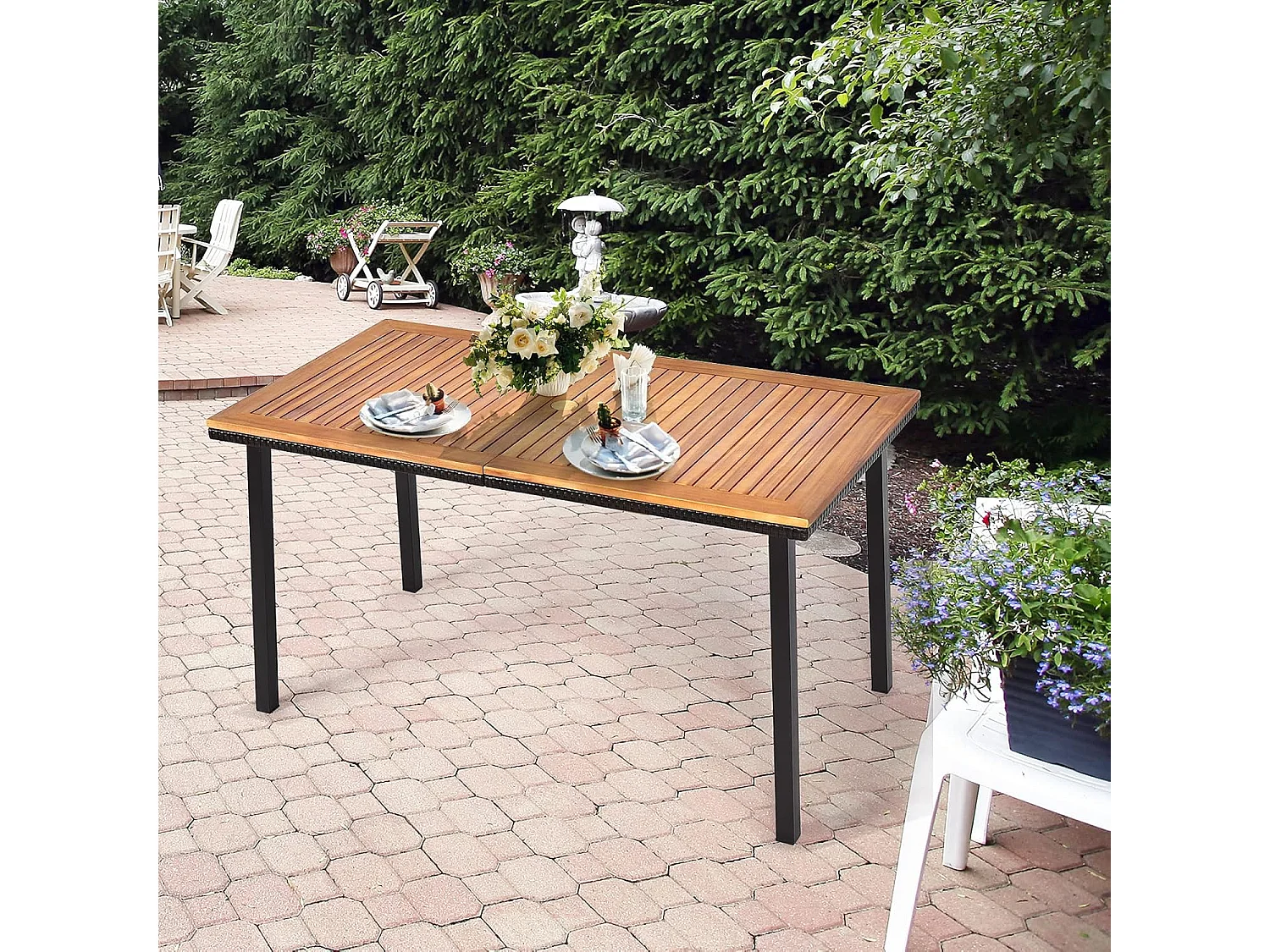 Tuintafel met paraplugat, eettafel voor 6-8 personen, terrastafel met tafelblad van acaciahout, rechthoekige houten tafel, 140 x 75 x 76 cm