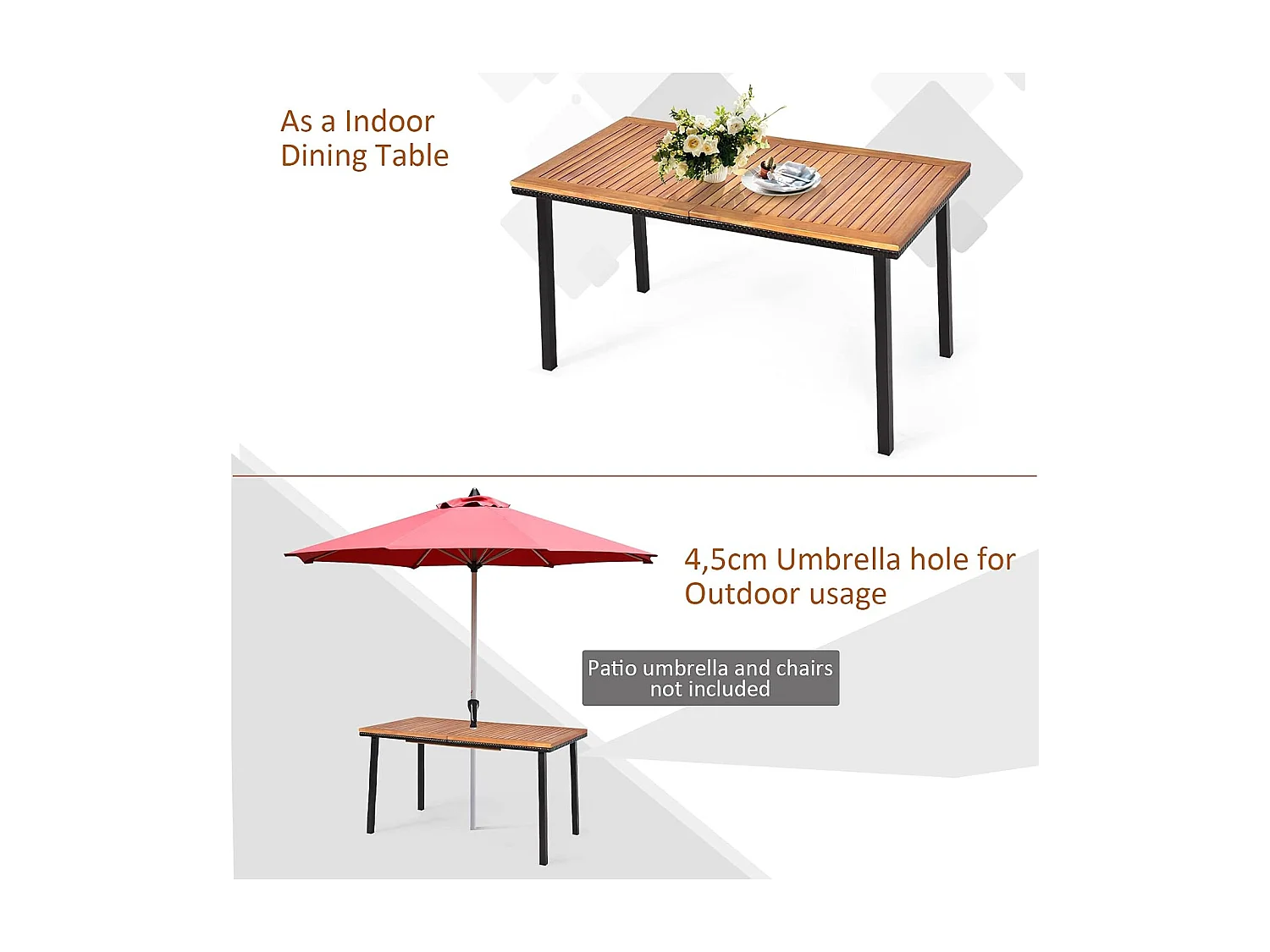 Tuintafel met paraplugat, eettafel voor 6-8 personen, terrastafel met tafelblad van acaciahout, rechthoekige houten tafel, 140 x 75 x 76 cm