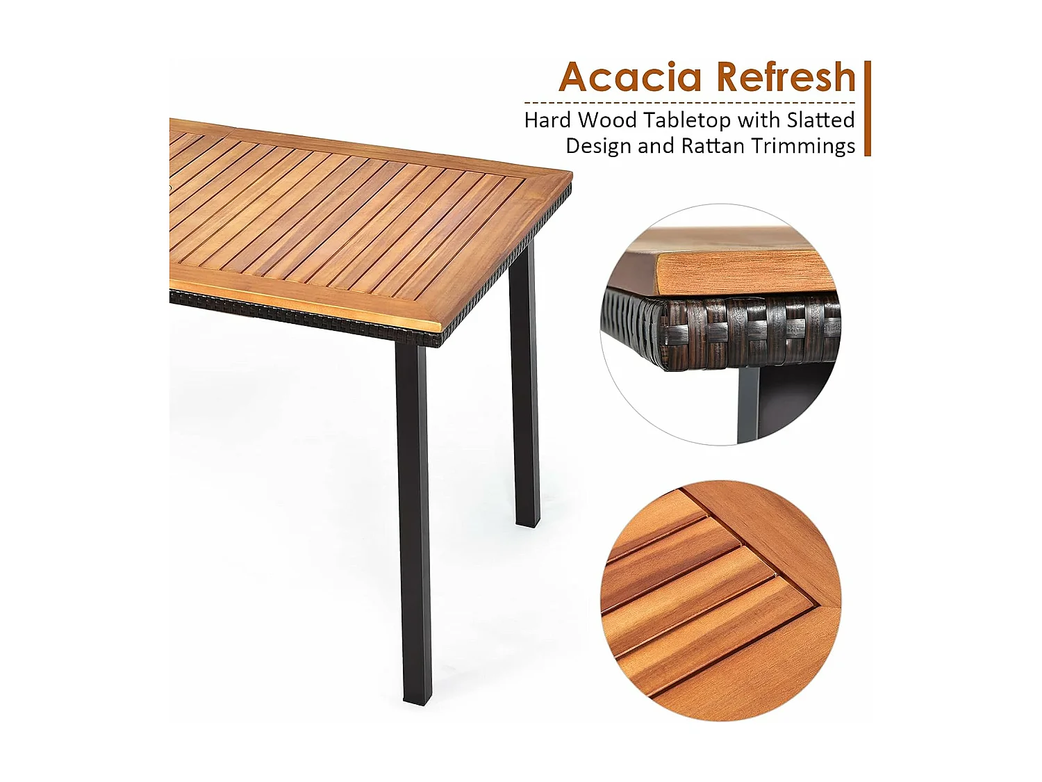 Tuintafel met paraplugat, eettafel voor 6-8 personen, terrastafel met tafelblad van acaciahout, rechthoekige houten tafel, 140 x 75 x 76 cm