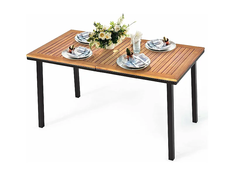 Tuintafel met paraplugat, eettafel voor 6-8 personen, terrastafel met tafelblad van acaciahout, rechthoekige houten tafel, 140 x 75 x 76 cm