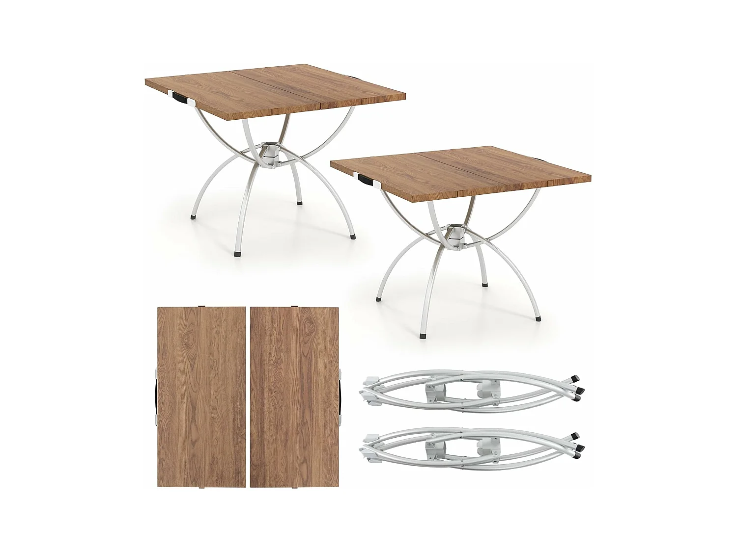 Set van 2 inklapbare campingtafels, uittrekbare klaptafel met aluminium frame en houtlook, vouwtafel met draagtas, voor wandelen, picknick, camping ZB33066