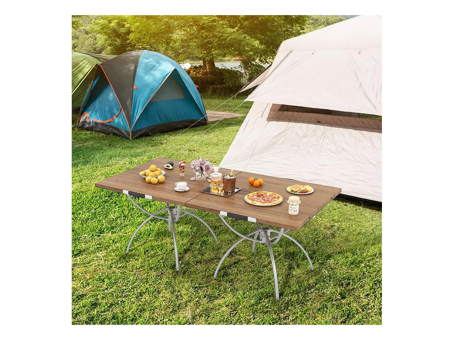 Set van 2 inklapbare campingtafels, uittrekbare klaptafel met aluminium frame en houtlook, vouwtafel met draagtas, voor wandelen, picknick, camping ZB33066