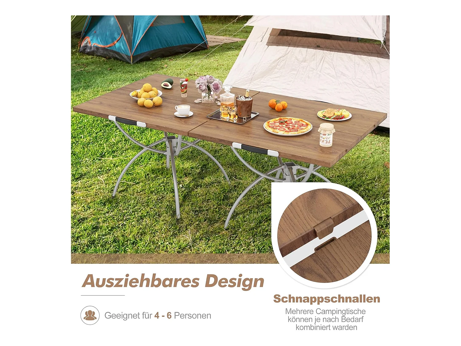 Set van 2 inklapbare campingtafels, uittrekbare klaptafel met aluminium frame en houtlook, vouwtafel met draagtas, voor wandelen, picknick, camping ZB33066