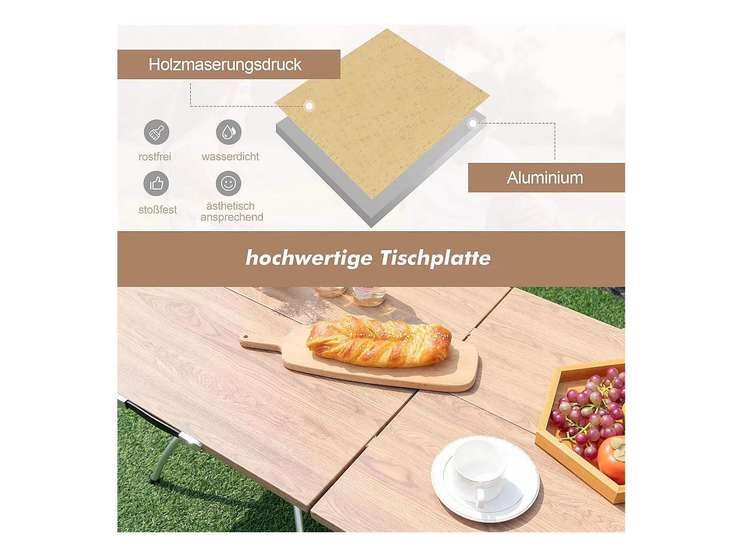 Set van 2 inklapbare campingtafels, uittrekbare klaptafel met aluminium frame en houtlook, vouwtafel met draagtas, voor wandelen, picknick, camping ZB33066