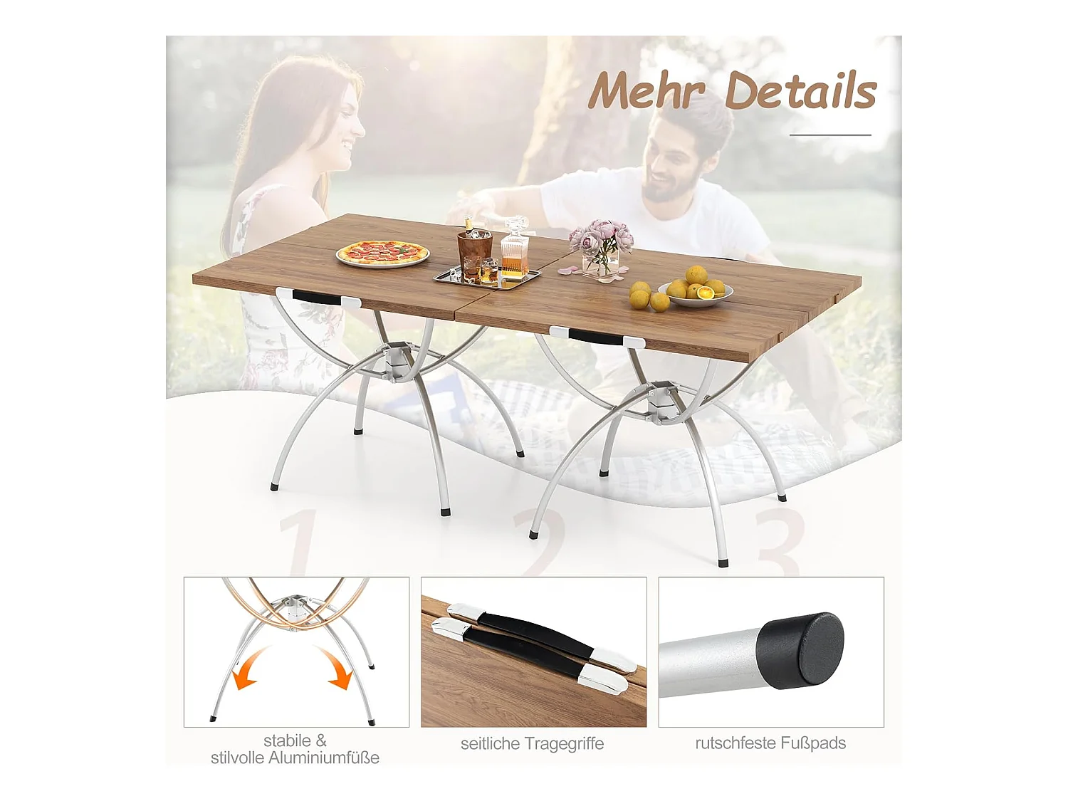 Set van 2 inklapbare campingtafels, uittrekbare klaptafel met aluminium frame en houtlook, vouwtafel met draagtas, voor wandelen, picknick, camping ZB33066