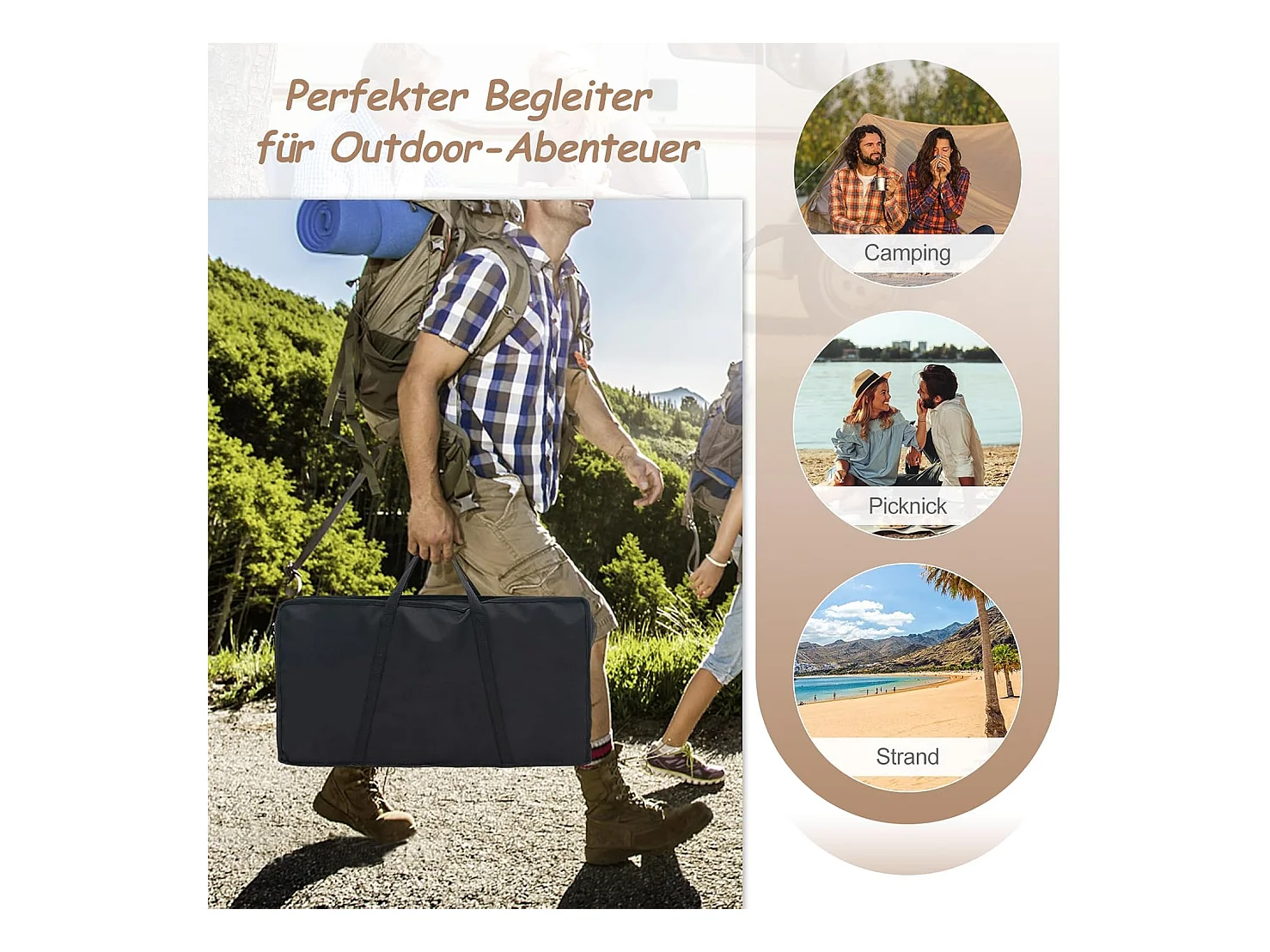 Set van 2 inklapbare campingtafels, uittrekbare klaptafel met aluminium frame en houtlook, vouwtafel met draagtas, voor wandelen, picknick, camping ZB33066