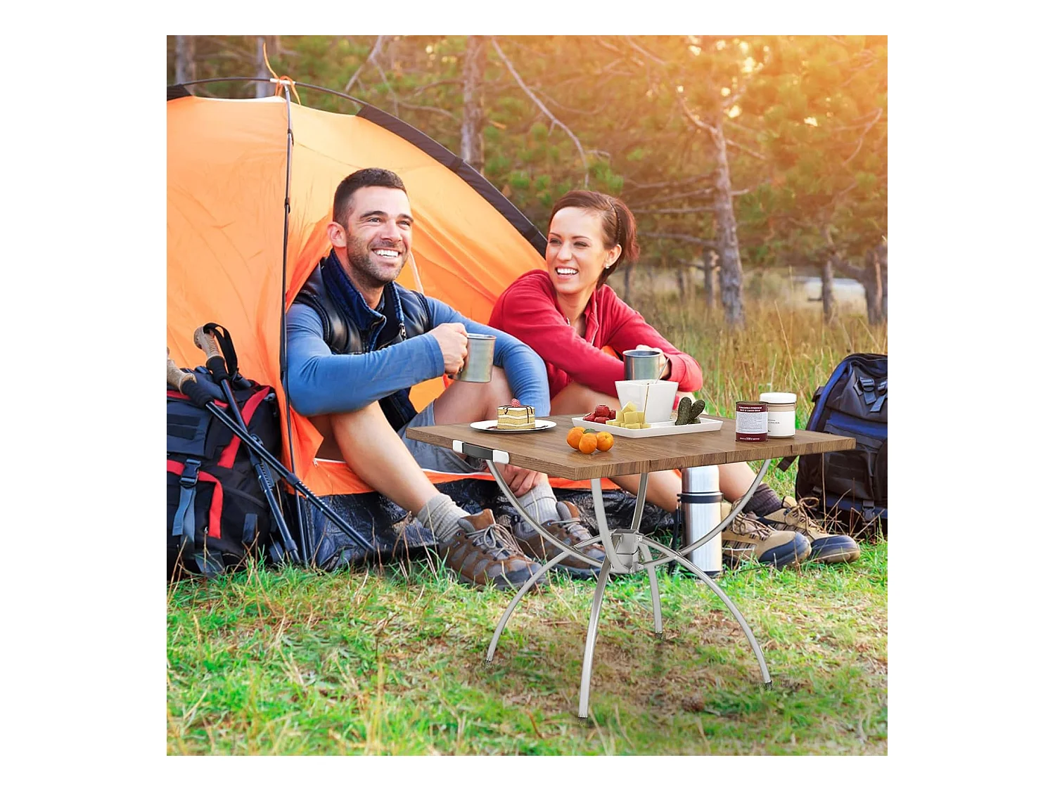 Set van 2 inklapbare campingtafels, uittrekbare klaptafel met aluminium frame en houtlook, vouwtafel met draagtas, voor wandelen, picknick, camping ZB33066