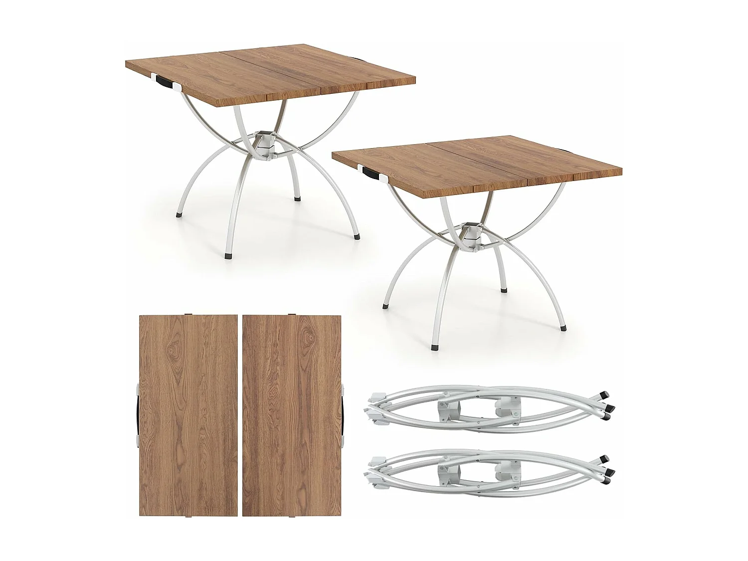 Set van 2 inklapbare campingtafels, uittrekbare klaptafel met aluminium frame en houtlook, vouwtafel met draagtas, voor wandelen, picknick, camping ZB33066
