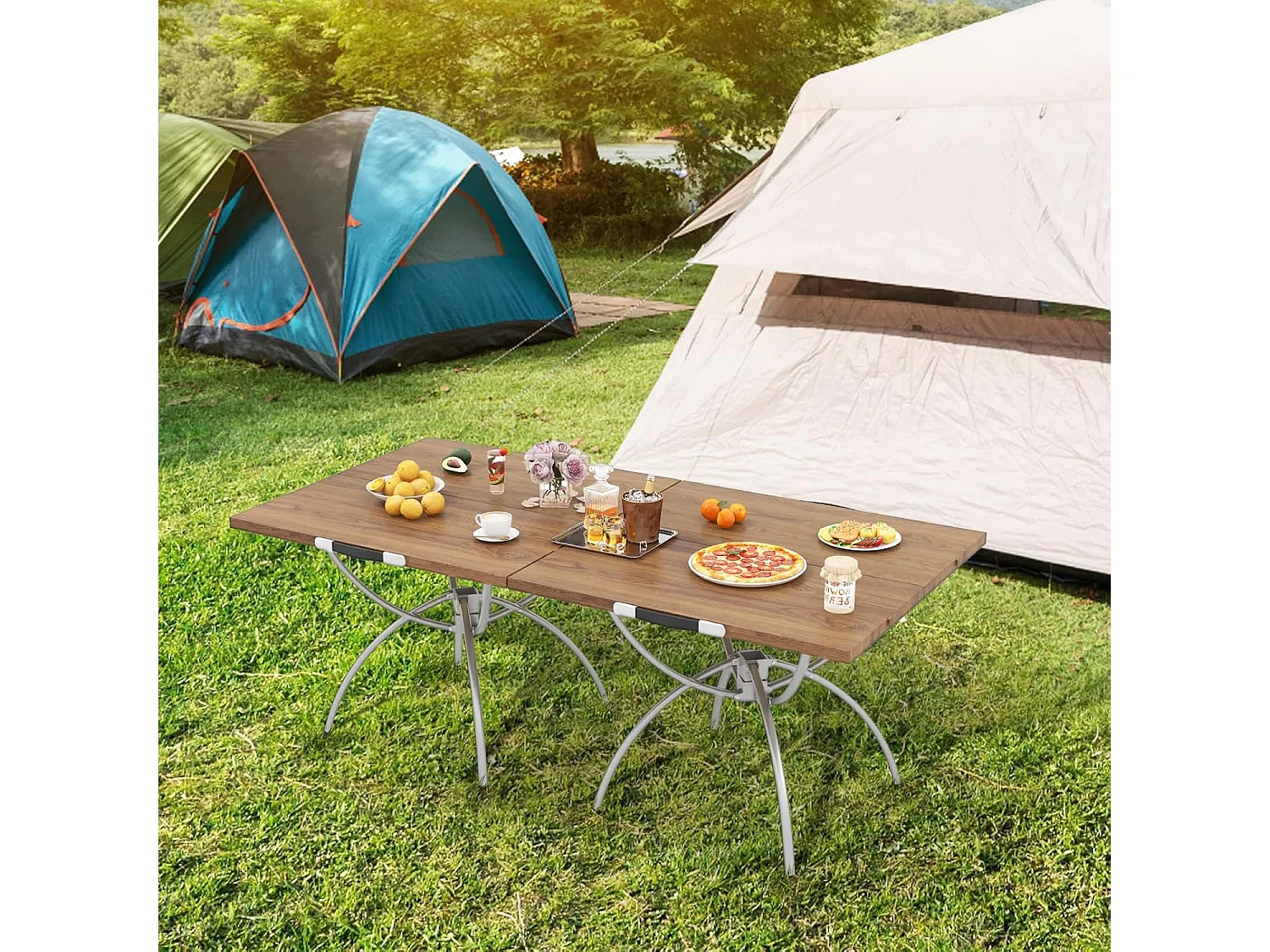 Set van 2 inklapbare campingtafels, uittrekbare klaptafel met aluminium frame en houtlook, vouwtafel met draagtas, voor wandelen, picknick, camping ZB33066