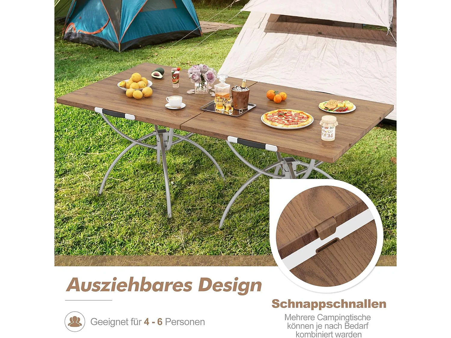 Set van 2 inklapbare campingtafels, uittrekbare klaptafel met aluminium frame en houtlook, vouwtafel met draagtas, voor wandelen, picknick, camping ZB33066