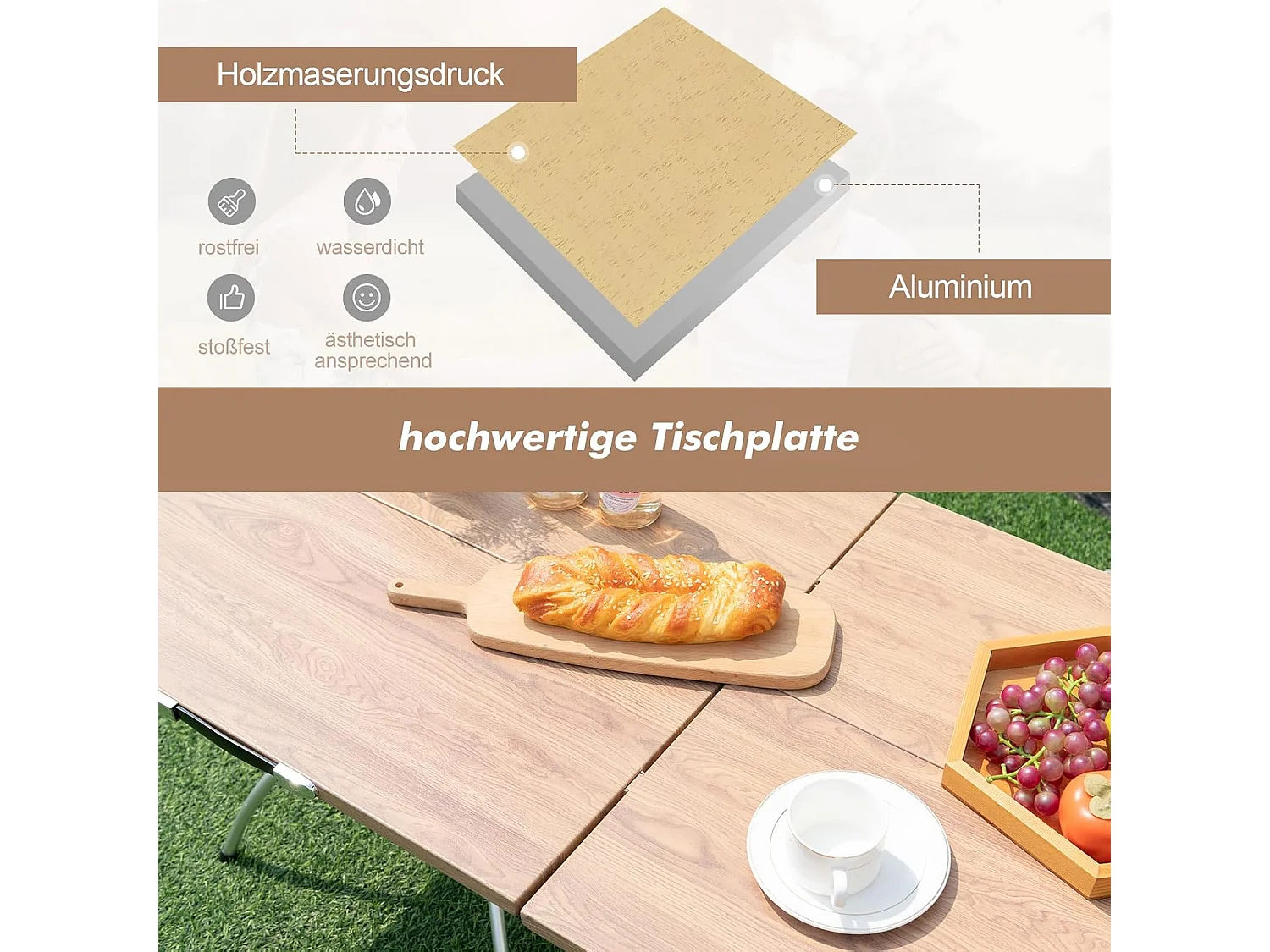 Set van 2 inklapbare campingtafels, uittrekbare klaptafel met aluminium frame en houtlook, vouwtafel met draagtas, voor wandelen, picknick, camping ZB33066
