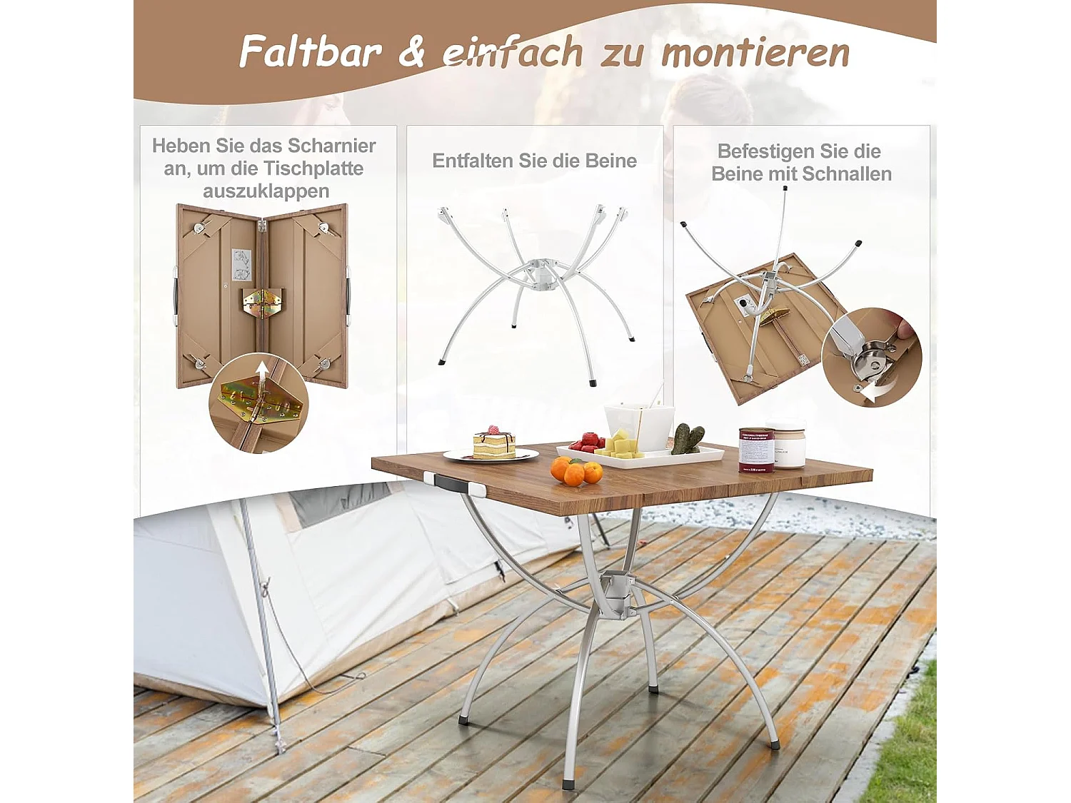 Set van 2 inklapbare campingtafels, uittrekbare klaptafel met aluminium frame en houtlook, vouwtafel met draagtas, voor wandelen, picknick, camping ZB33066