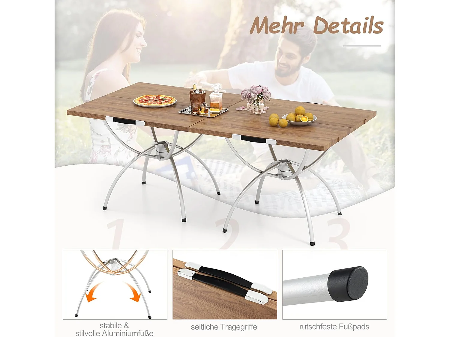 Set van 2 inklapbare campingtafels, uittrekbare klaptafel met aluminium frame en houtlook, vouwtafel met draagtas, voor wandelen, picknick, camping ZB33066