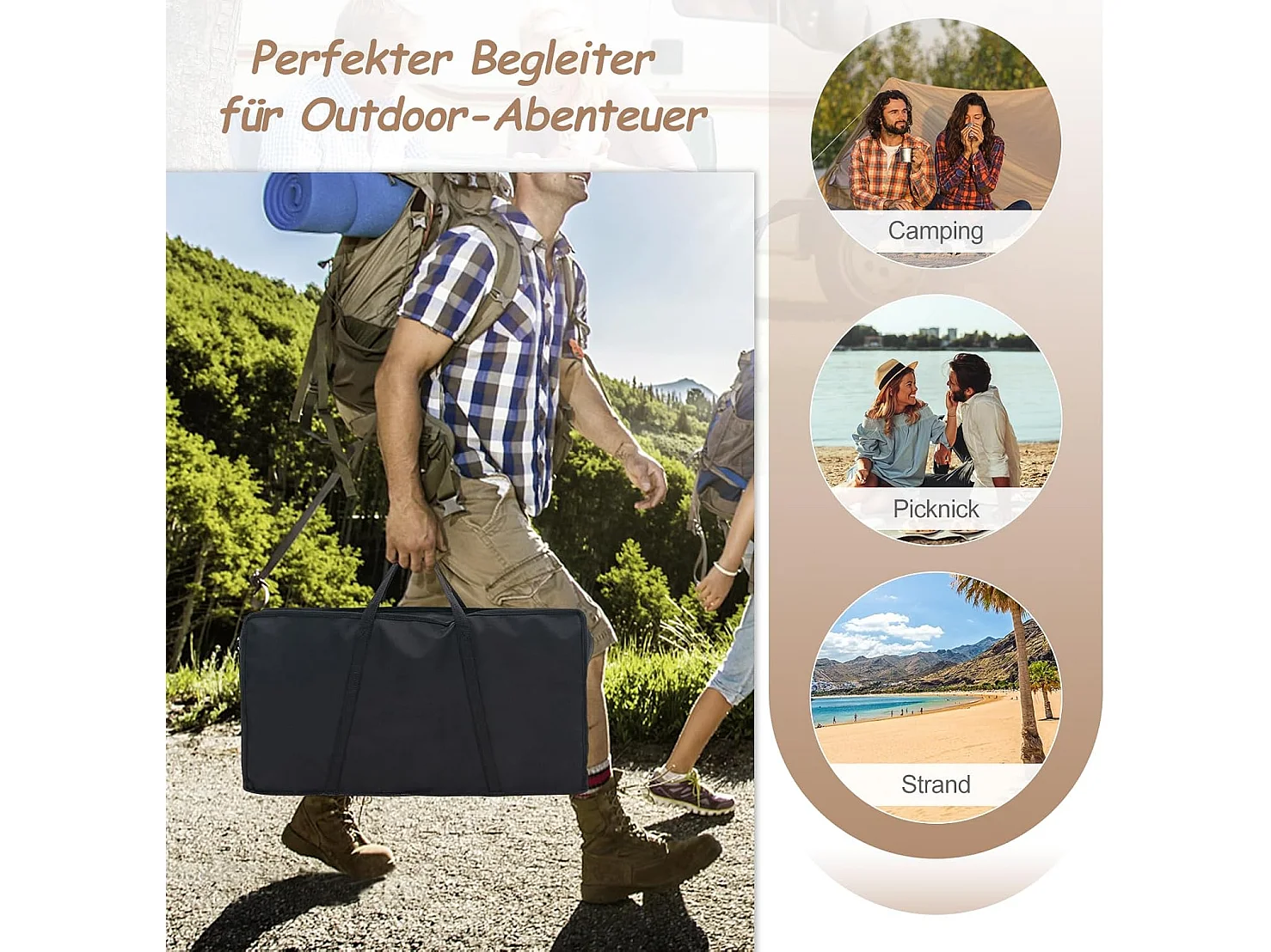 Set van 2 inklapbare campingtafels, uittrekbare klaptafel met aluminium frame en houtlook, vouwtafel met draagtas, voor wandelen, picknick, camping ZB33066