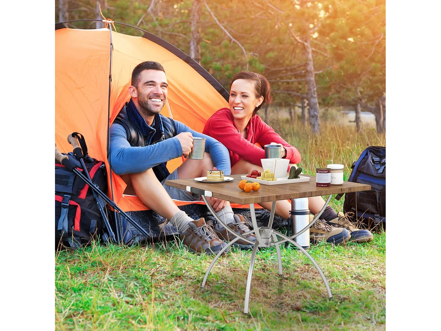 Set van 2 inklapbare campingtafels, uittrekbare klaptafel met aluminium frame en houtlook, vouwtafel met draagtas, voor wandelen, picknick, camping ZB33066