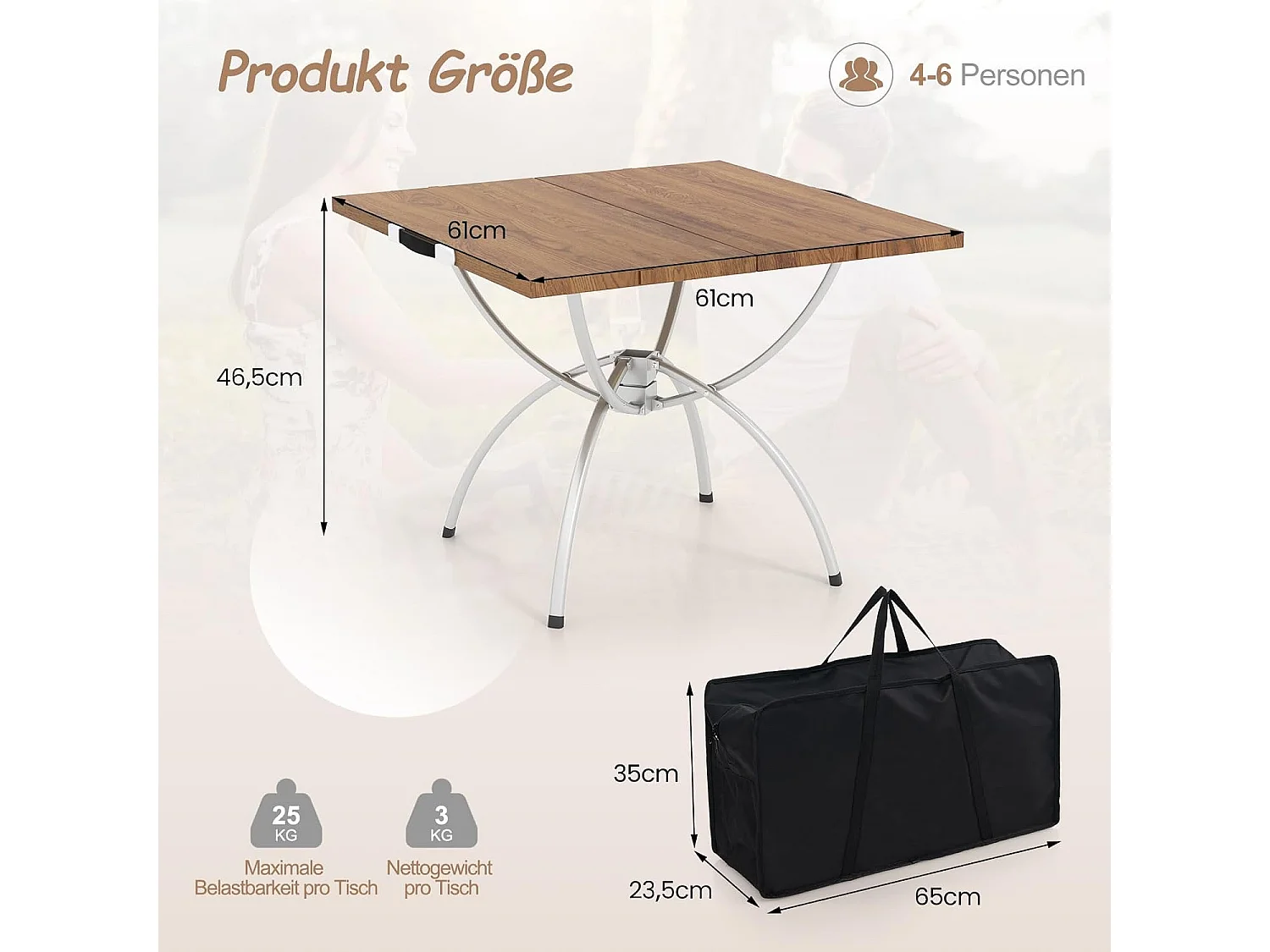 Set van 2 inklapbare campingtafels, uittrekbare klaptafel met aluminium frame en houtlook, vouwtafel met draagtas, voor wandelen, picknick, camping ZB33066