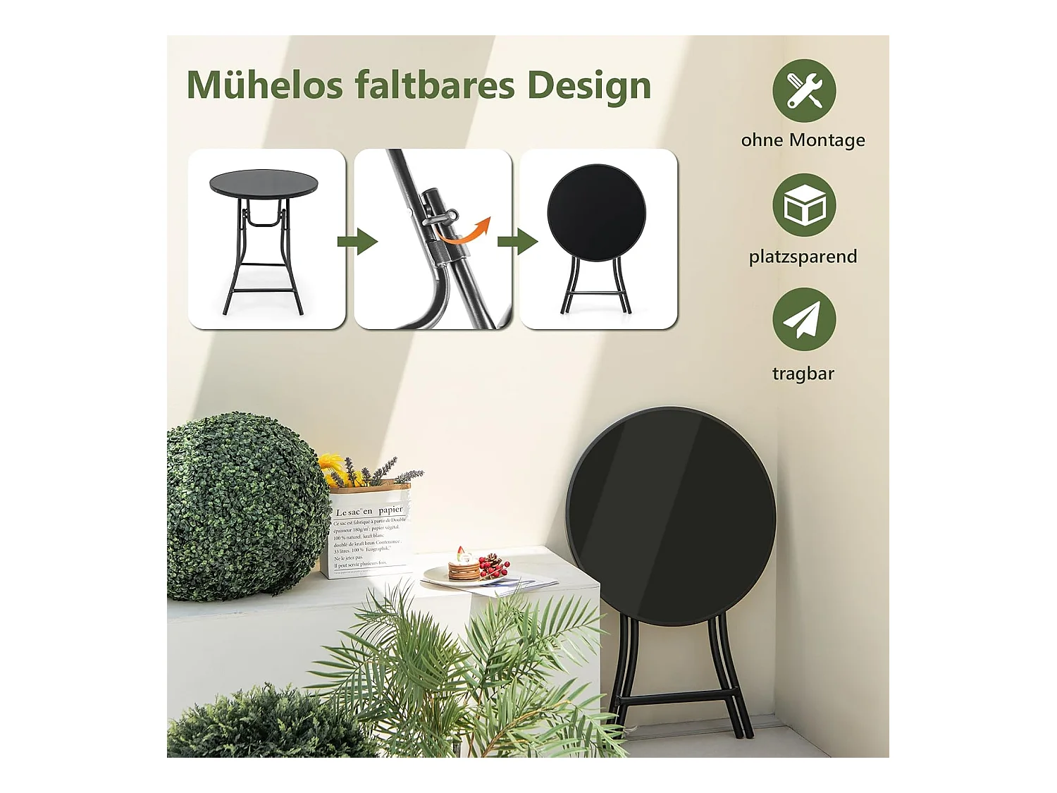 COSTWAY Bistrotafel, inklapbare tuintafel met tafelblad van gehard glas, terrastafel, balkontafel voor terras, achtertuin, zwembad, 59 x 59 x 67 cm