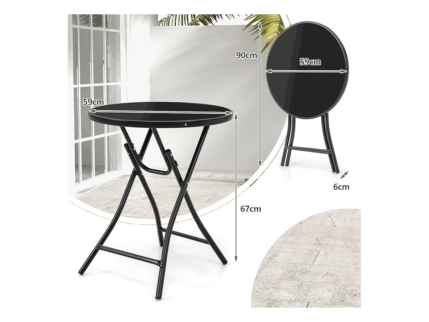 COSTWAY Bistrotafel, inklapbare tuintafel met tafelblad van gehard glas, terrastafel, balkontafel voor terras, achtertuin, zwembad, 59 x 59 x 67 cm