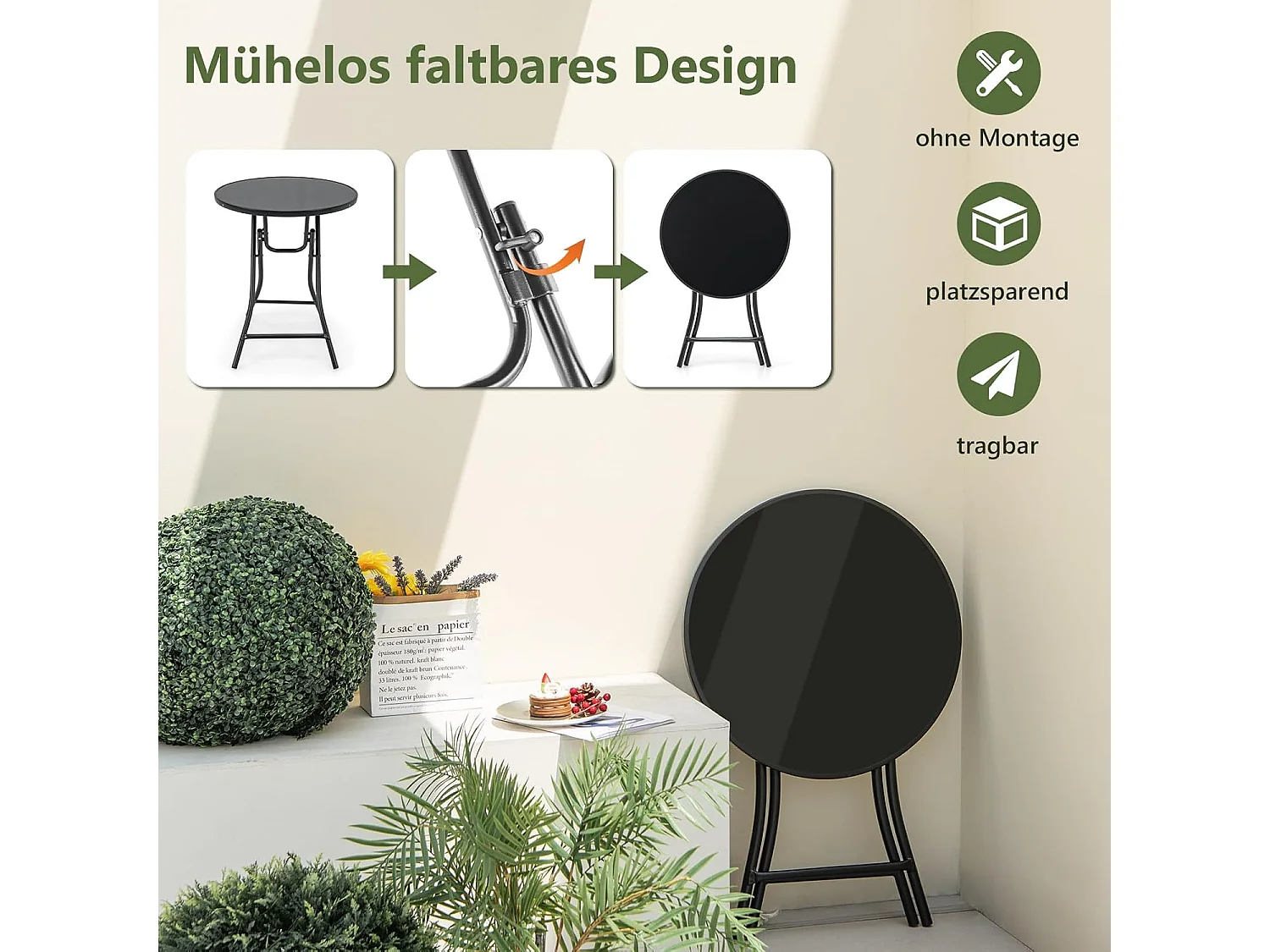 COSTWAY Bistrotafel, inklapbare tuintafel met tafelblad van gehard glas, terrastafel, balkontafel voor terras, achtertuin, zwembad, 59 x 59 x 67 cm