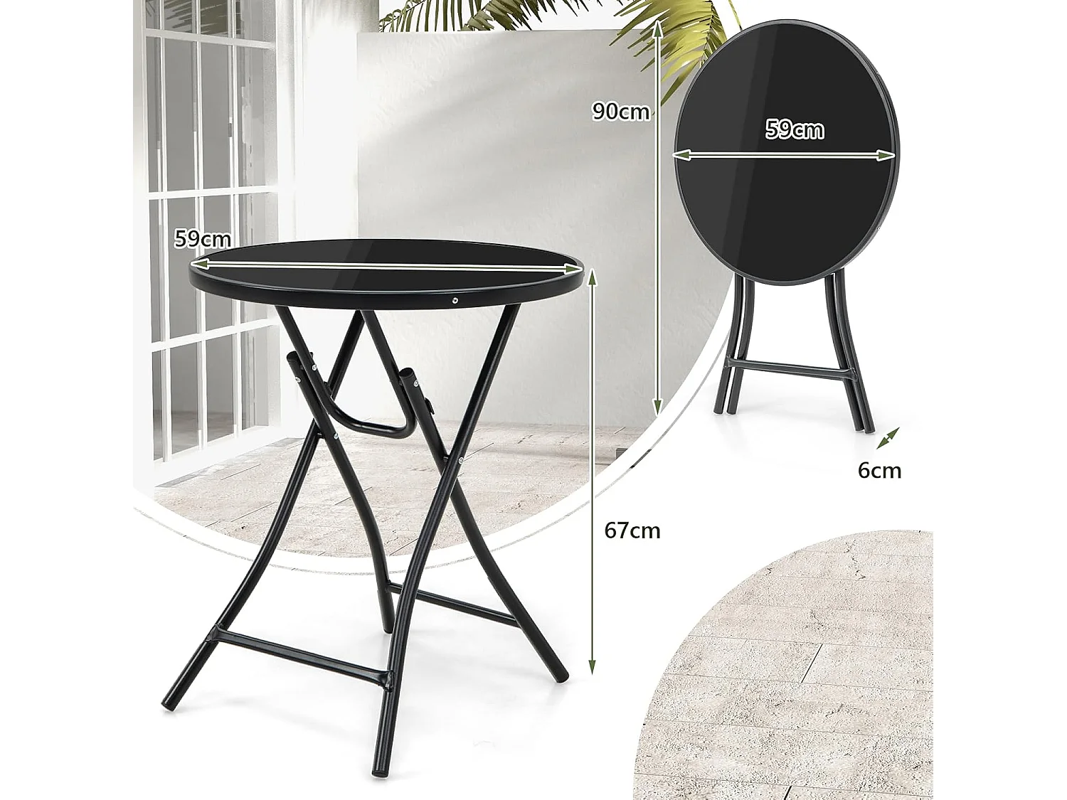 COSTWAY Bistrotafel, inklapbare tuintafel met tafelblad van gehard glas, terrastafel, balkontafel voor terras, achtertuin, zwembad, 59 x 59 x 67 cm