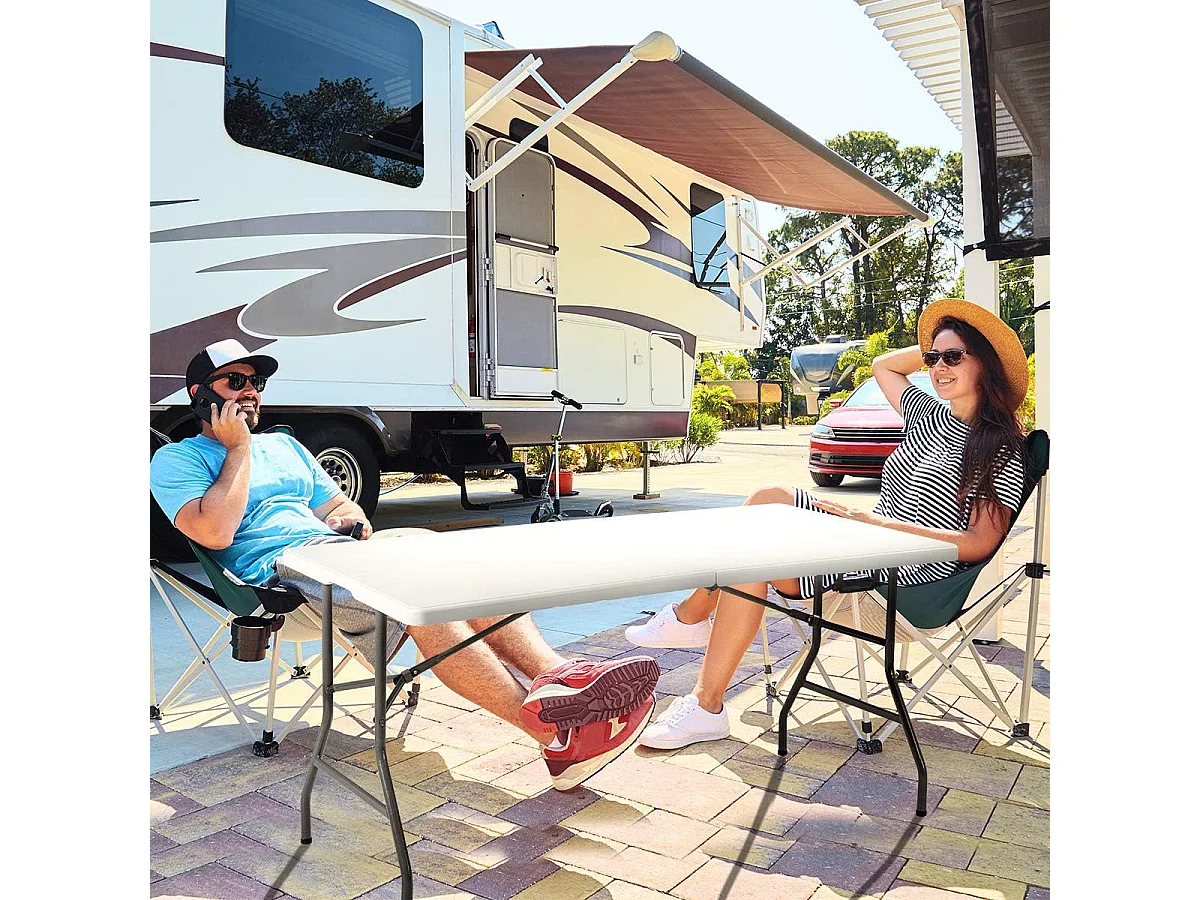 Buffettafel inklapbaar, 153 x 74 cm, klaptafel met draaggreep, partytafel, campingtafel van kunststof, tuintafel voor tuin, terras en balkon