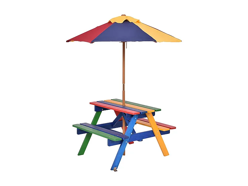 Kinderzitgroep met parasol, kinderzitset van massief hout, picknicktafel, zitgroep buiten, tuinmeubelen voor buiten, kleurrijk