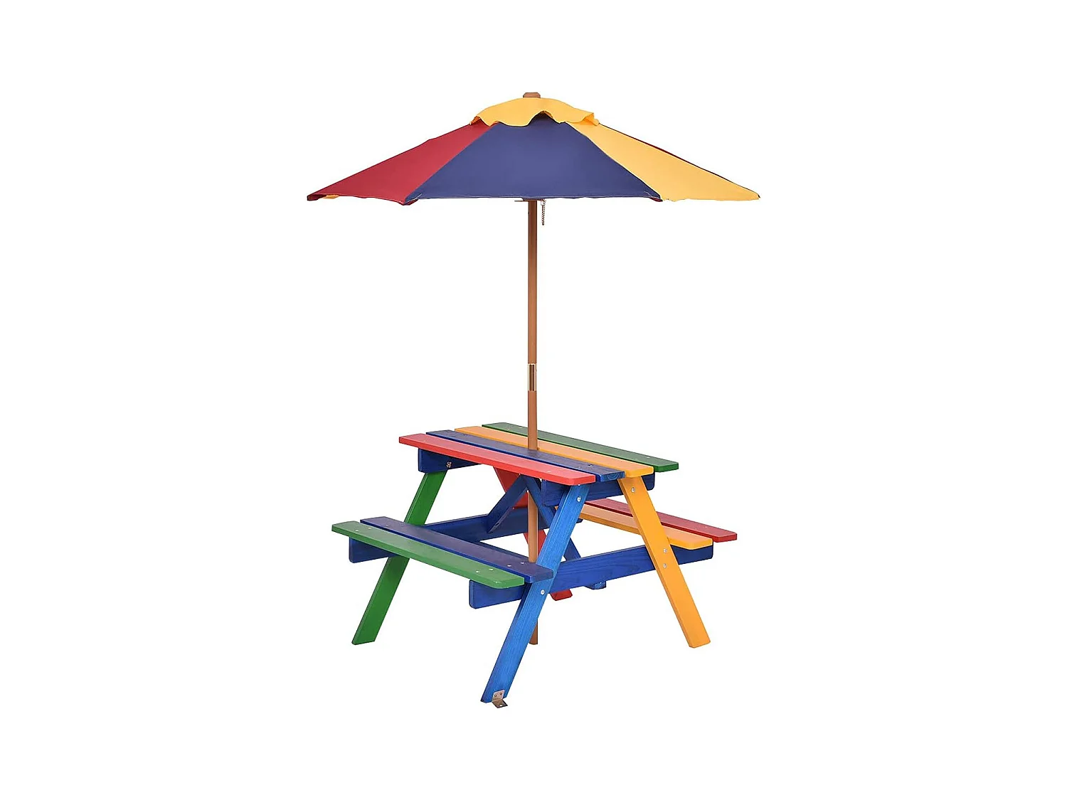 Kinderzitgroep met parasol, kinderzitset van massief hout, picknicktafel, zitgroep buiten, tuinmeubelen voor buiten, kleurrijk