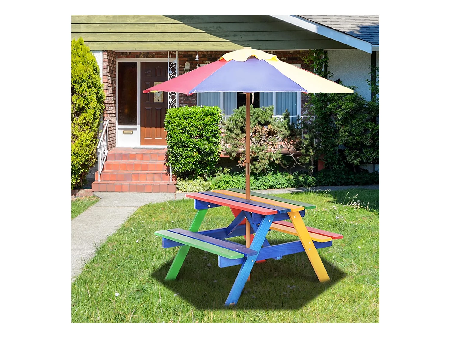 Kinderzitgroep met parasol, kinderzitset van massief hout, picknicktafel, zitgroep buiten, tuinmeubelen voor buiten, kleurrijk