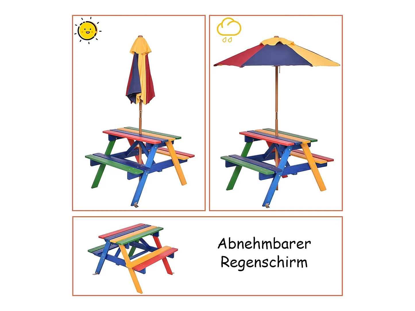 Kinderzitgroep met parasol, kinderzitset van massief hout, picknicktafel, zitgroep buiten, tuinmeubelen voor buiten, kleurrijk