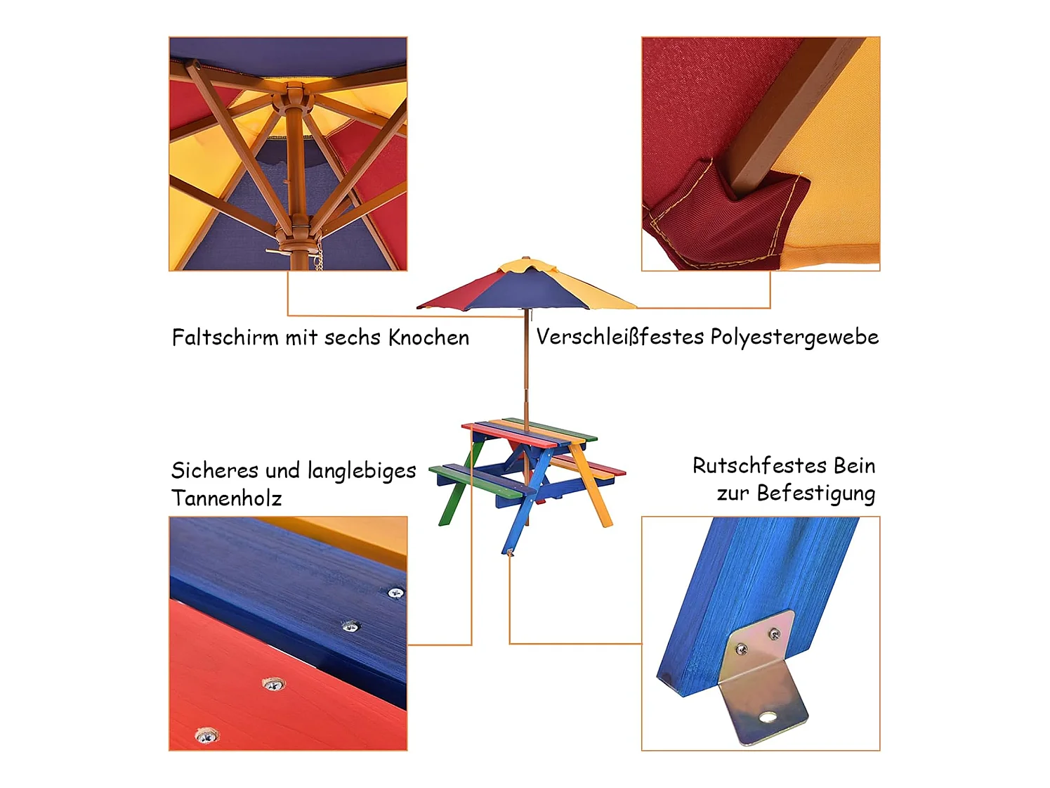 Kinderzitgroep met parasol, kinderzitset van massief hout, picknicktafel, zitgroep buiten, tuinmeubelen voor buiten, kleurrijk