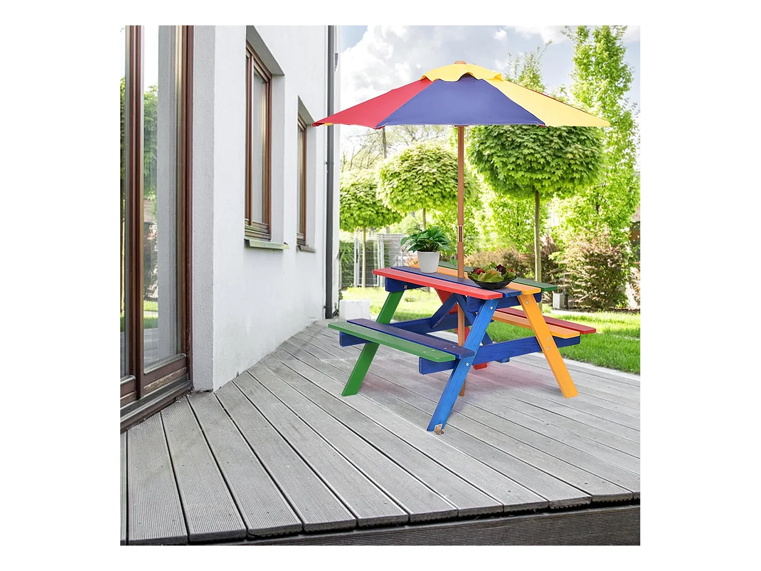 Kinderzitgroep met parasol, kinderzitset van massief hout, picknicktafel, zitgroep buiten, tuinmeubelen voor buiten, kleurrijk