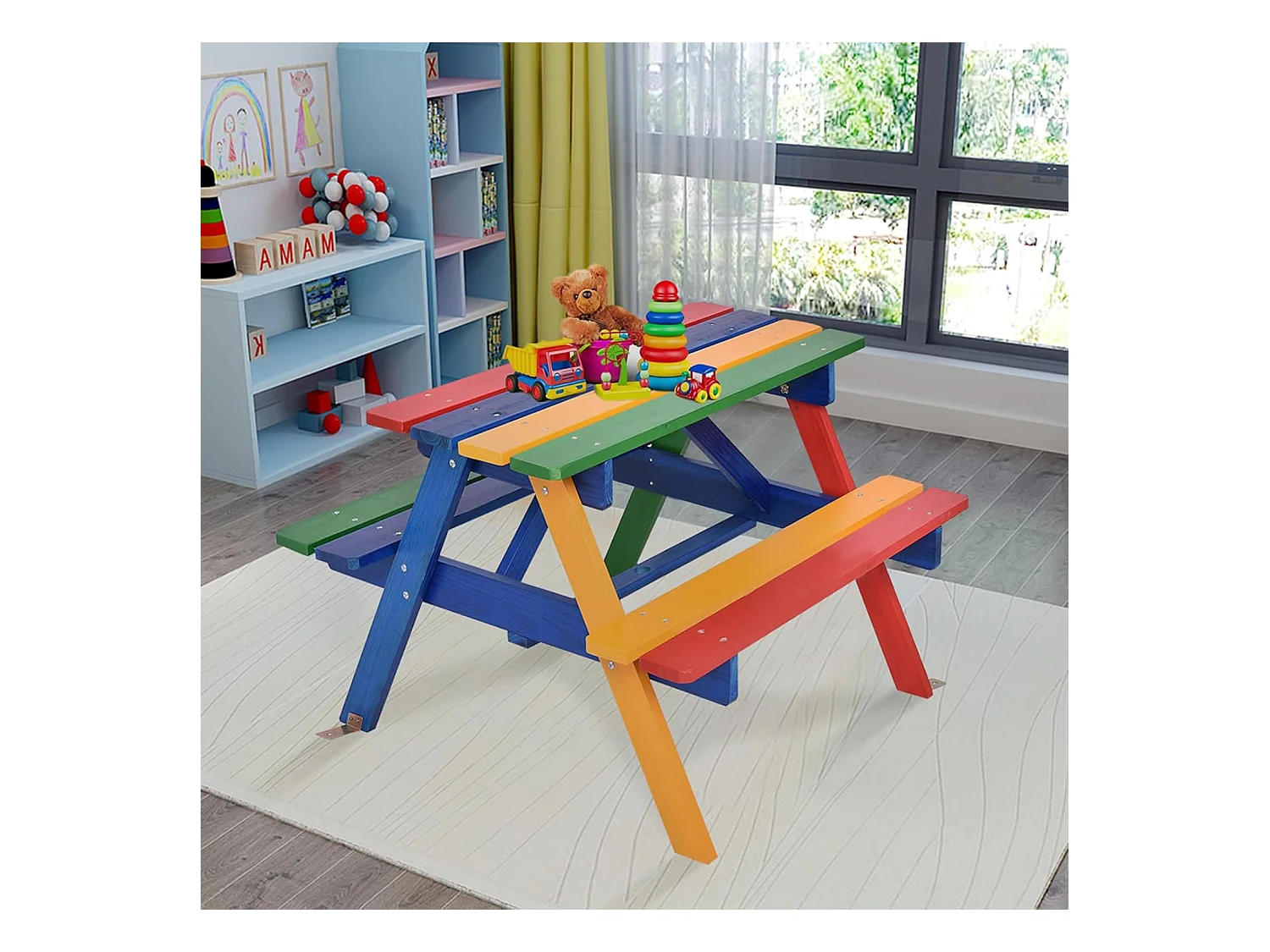 Kinderzitgroep met parasol, kinderzitset van massief hout, picknicktafel, zitgroep buiten, tuinmeubelen voor buiten, kleurrijk