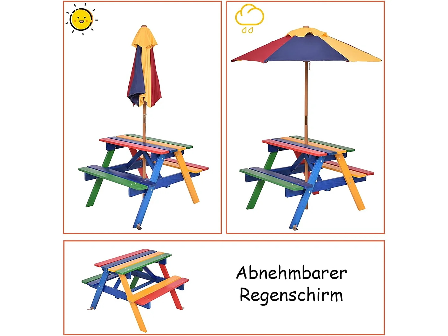 Kinderzitgroep met parasol, kinderzitset van massief hout, picknicktafel, zitgroep buiten, tuinmeubelen voor buiten, kleurrijk