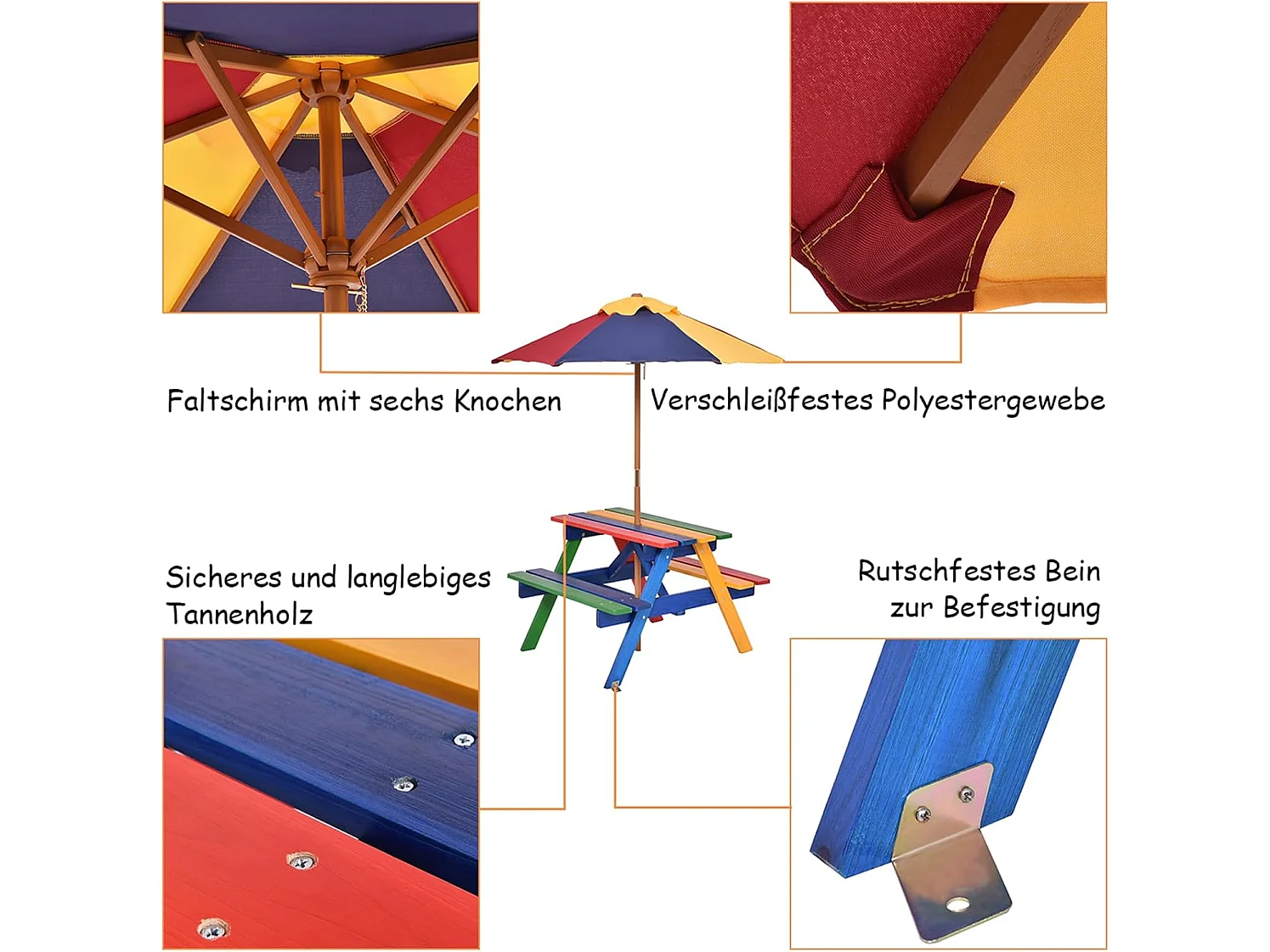 Kinderzitgroep met parasol, kinderzitset van massief hout, picknicktafel, zitgroep buiten, tuinmeubelen voor buiten, kleurrijk