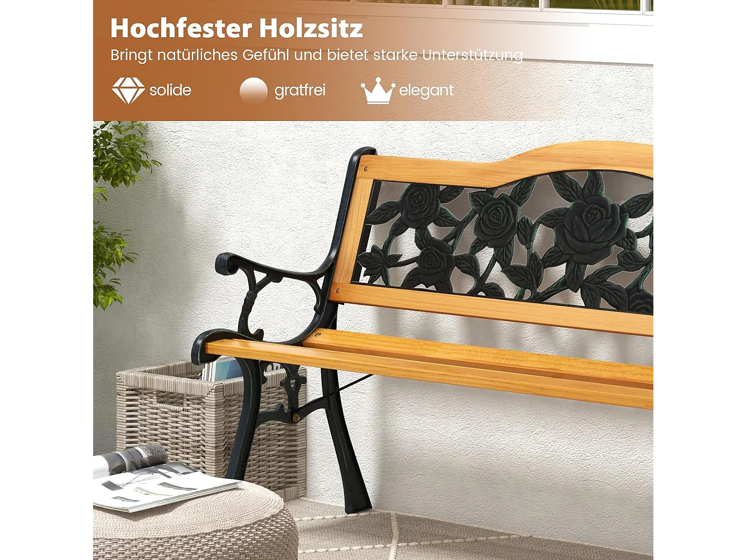 Tuinbank, weerbestendig, 2-zits, met armleuningen en rugleuning, balkonbank, houten bank, parkeerbank voor tuin, balkon, terras, 126 x 52 x 76 cm