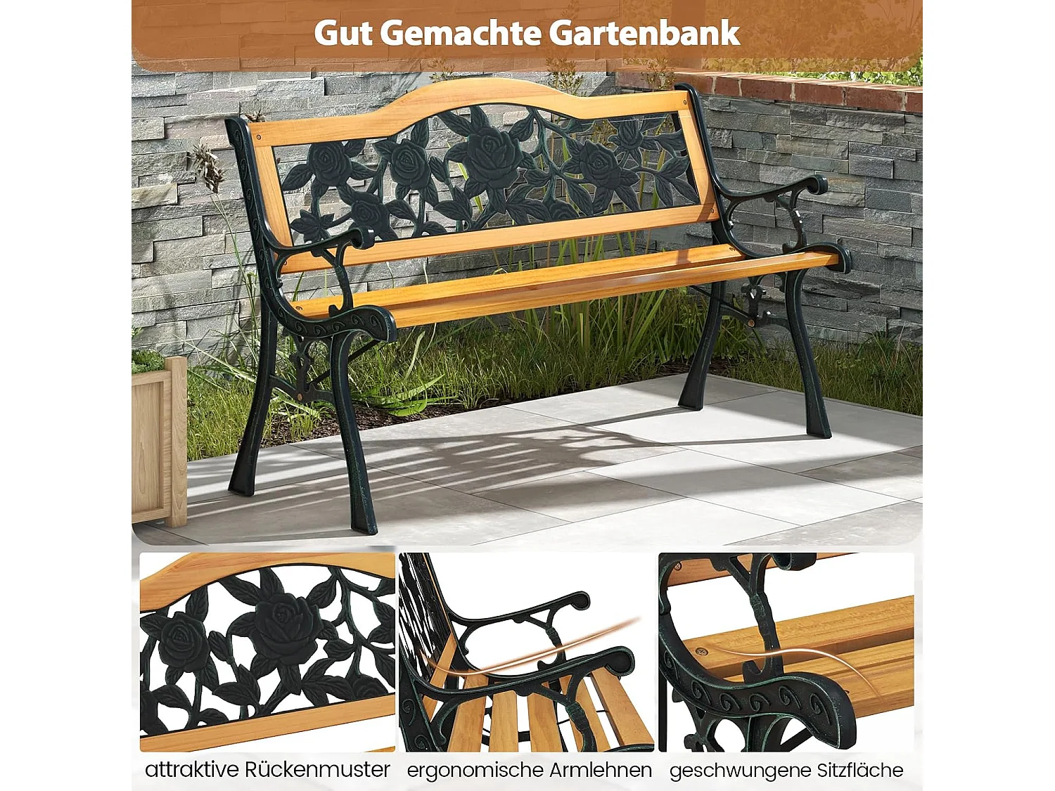 Tuinbank, weerbestendig, 2-zits, met armleuningen en rugleuning, balkonbank, houten bank, parkeerbank voor tuin, balkon, terras, 126 x 52 x 76 cm