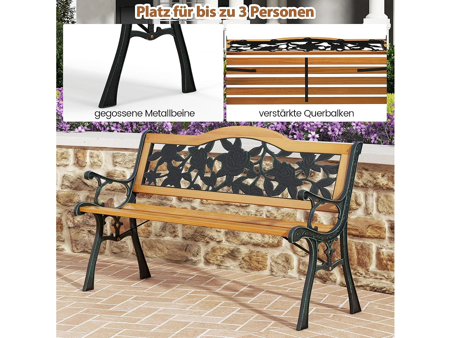 Tuinbank, weerbestendig, 2-zits, met armleuningen en rugleuning, balkonbank, houten bank, parkeerbank voor tuin, balkon, terras, 126 x 52 x 76 cm