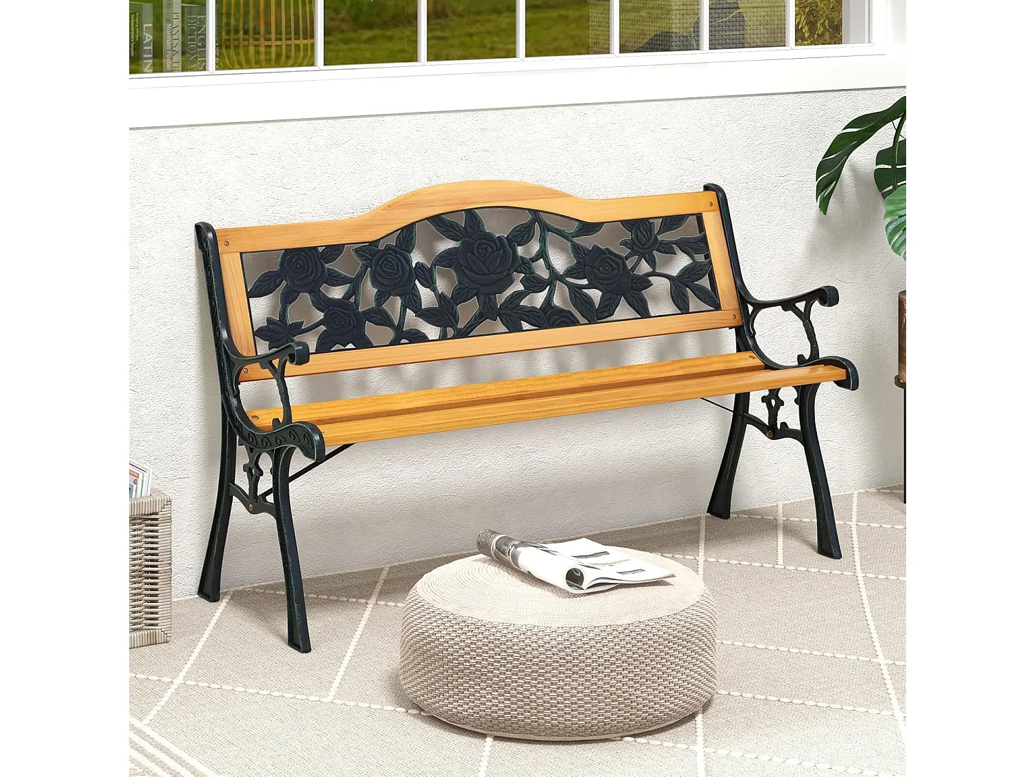 Tuinbank, weerbestendig, 2-zits, met armleuningen en rugleuning, balkonbank, houten bank, parkeerbank voor tuin, balkon, terras, 126 x 52 x 76 cm